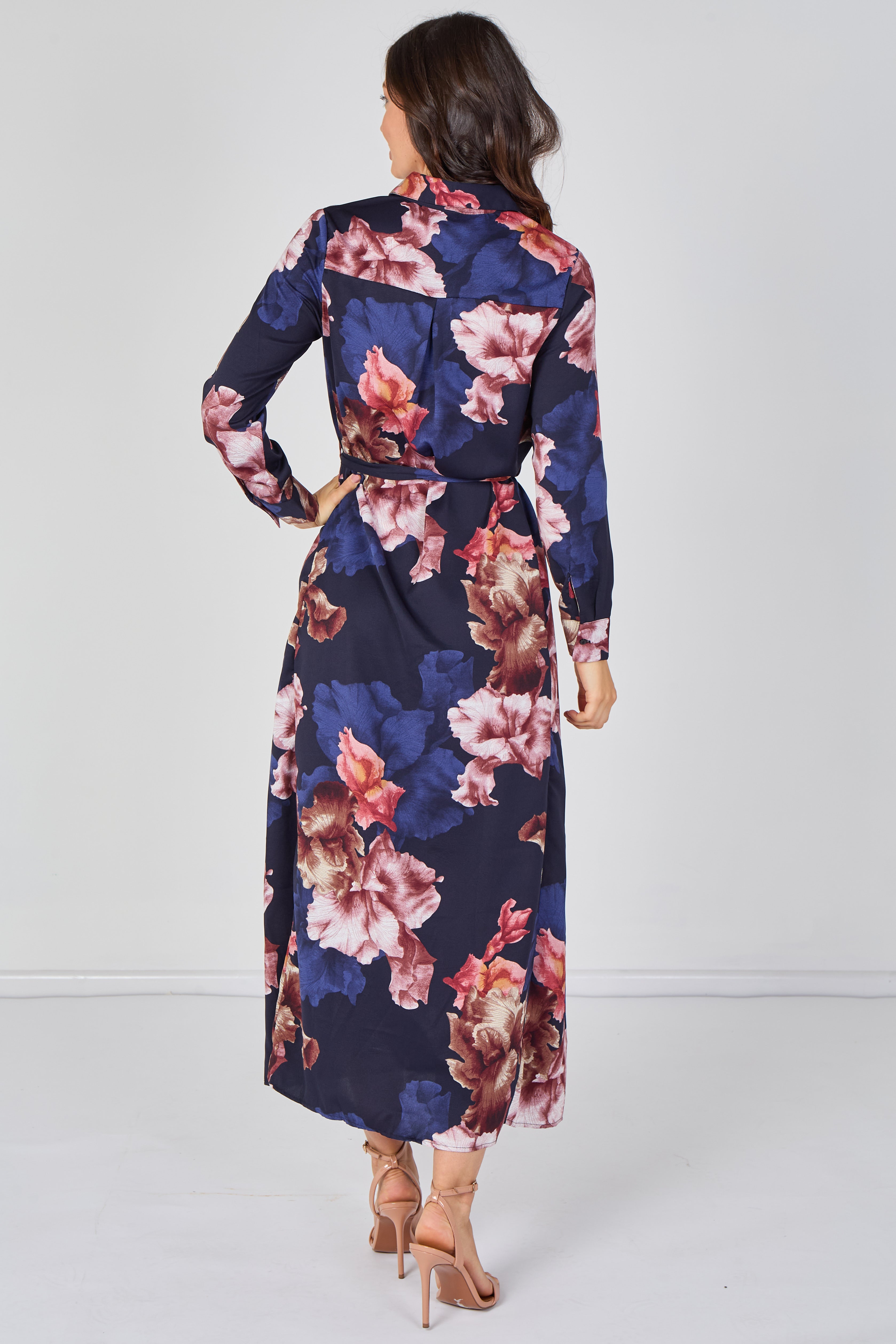 8Pcs Navy Iris Floral Belted Maxi Shirt Dress
