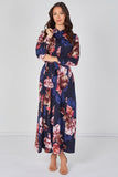 8Pcs Navy Iris Floral Belted Maxi Shirt Dress