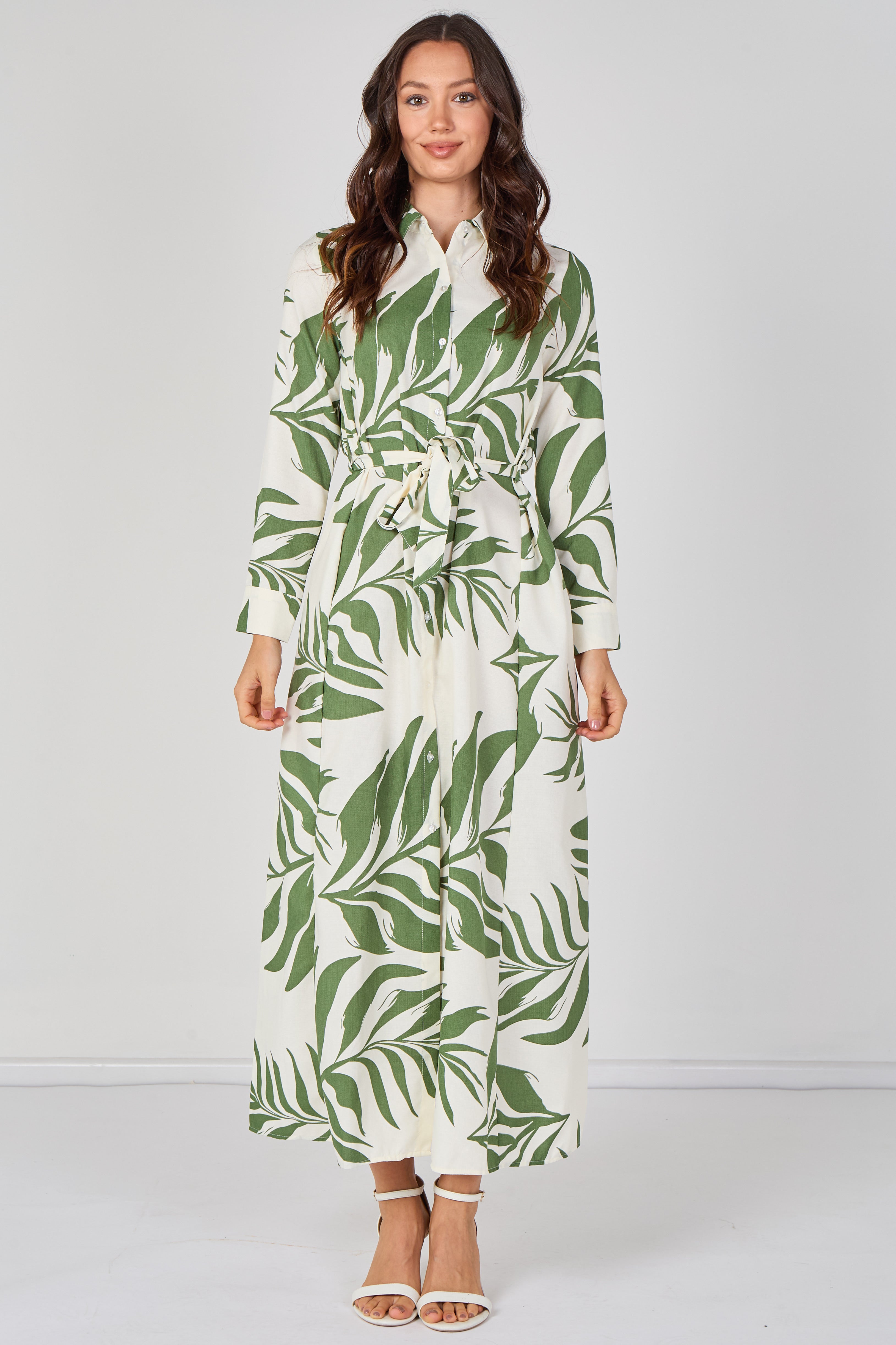 8Pcs Green Palm Print Belted Maxi Shirt Dress