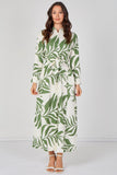 8Pcs Green Palm Print Belted Maxi Shirt Dress