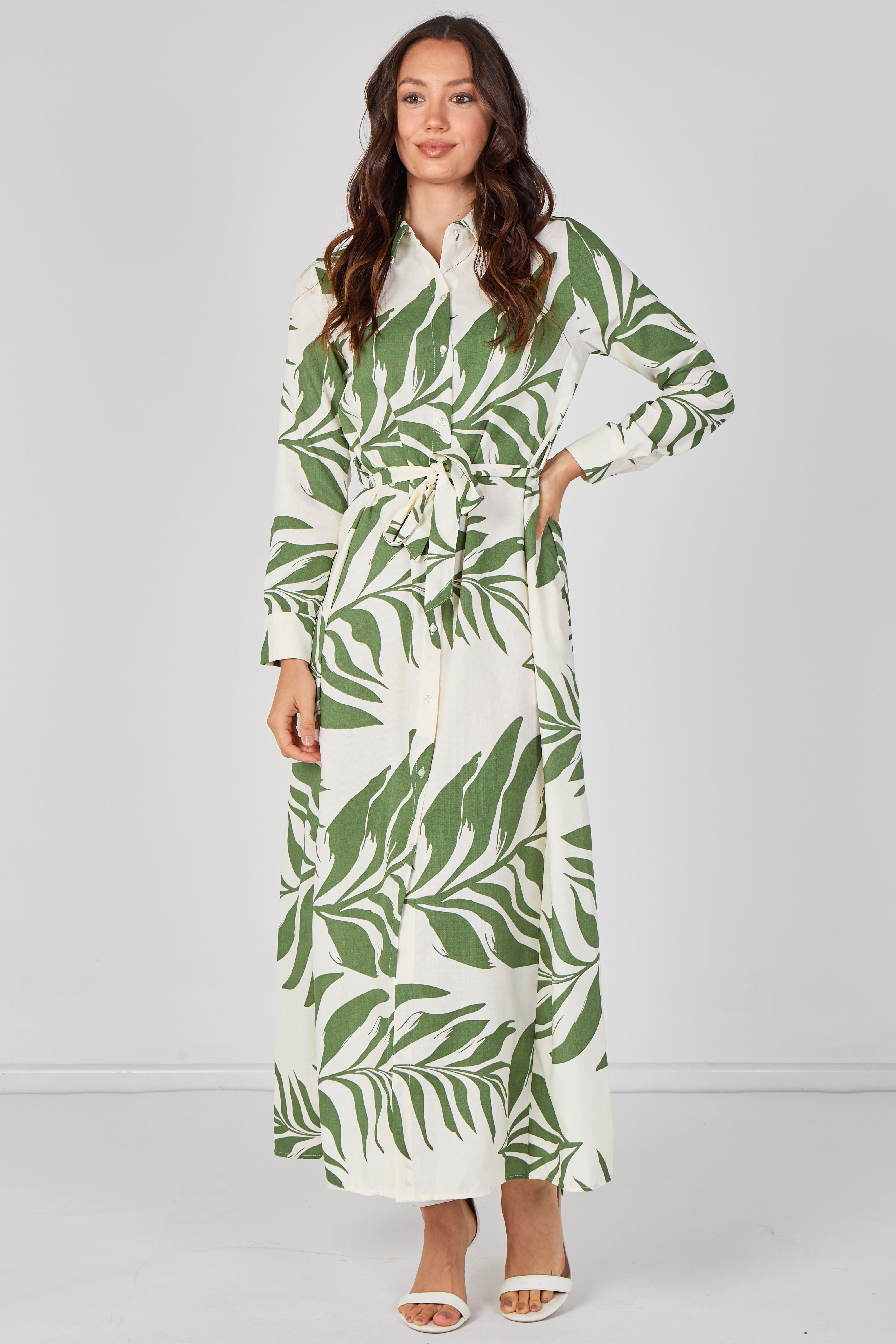 8Pcs Green Palm Print Belted Maxi Shirt Dress