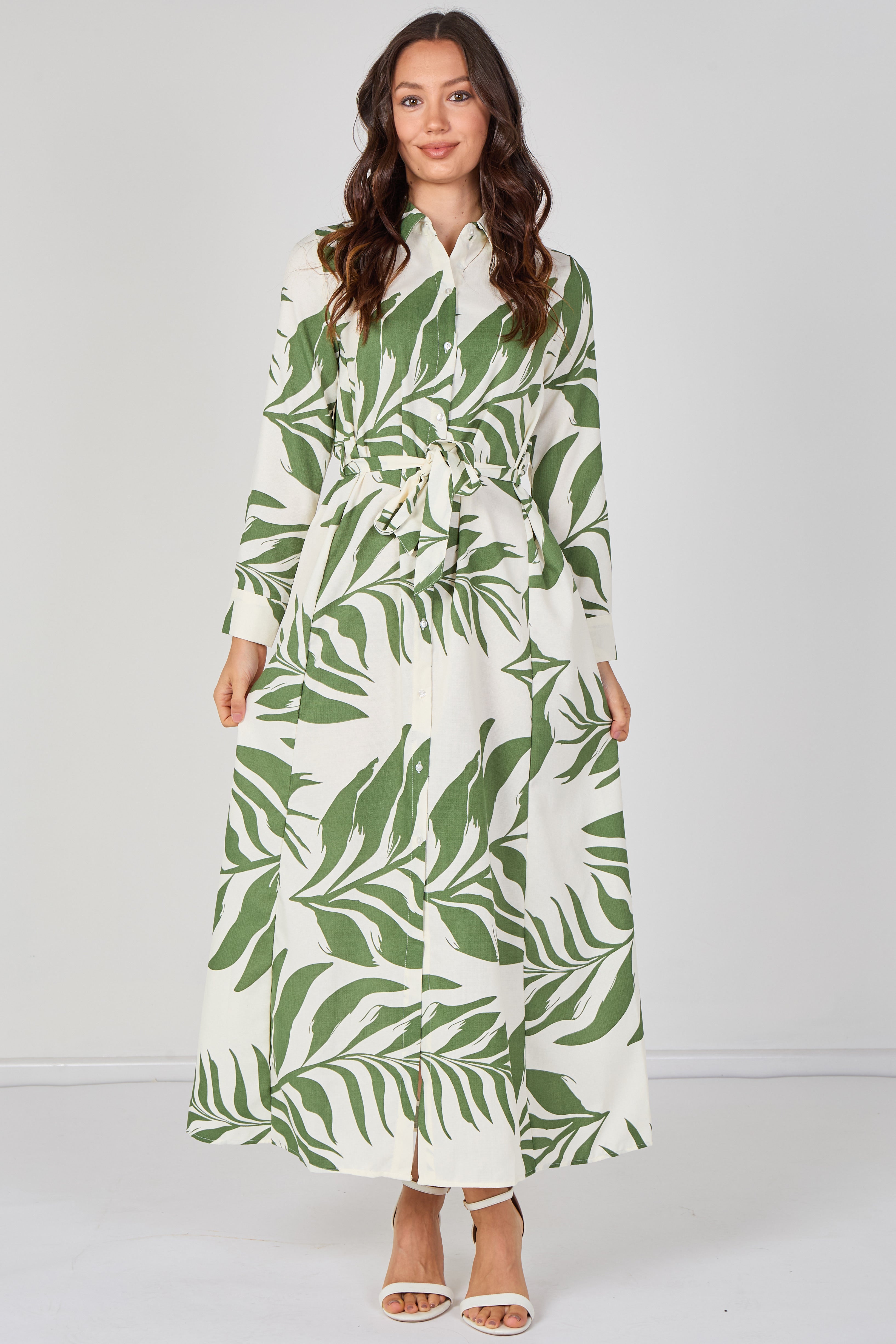 8Pcs Green Palm Print Belted Maxi Shirt Dress