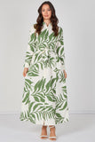 8Pcs Green Palm Print Belted Maxi Shirt Dress