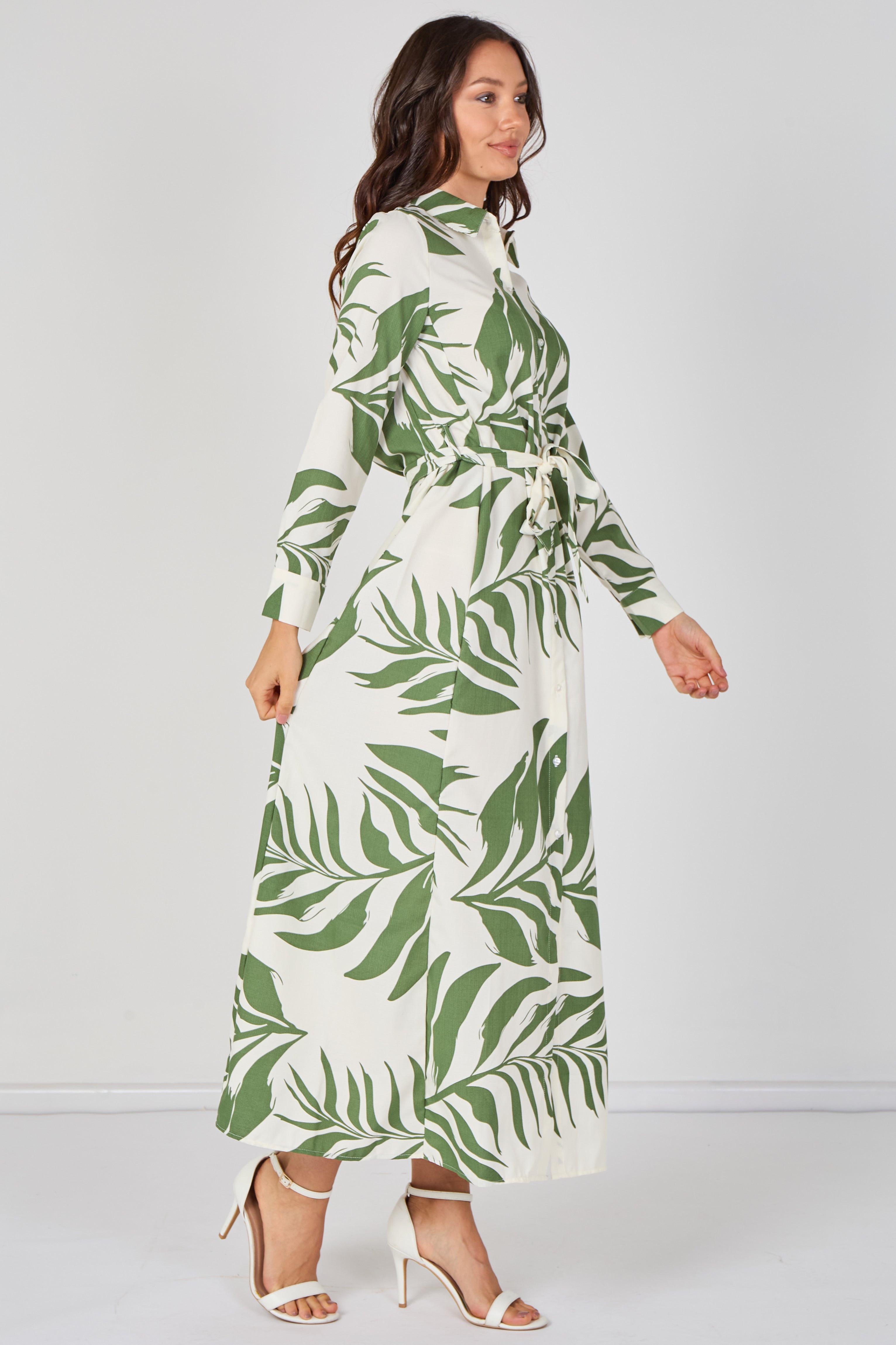 8Pcs Green Palm Print Belted Maxi Shirt Dress