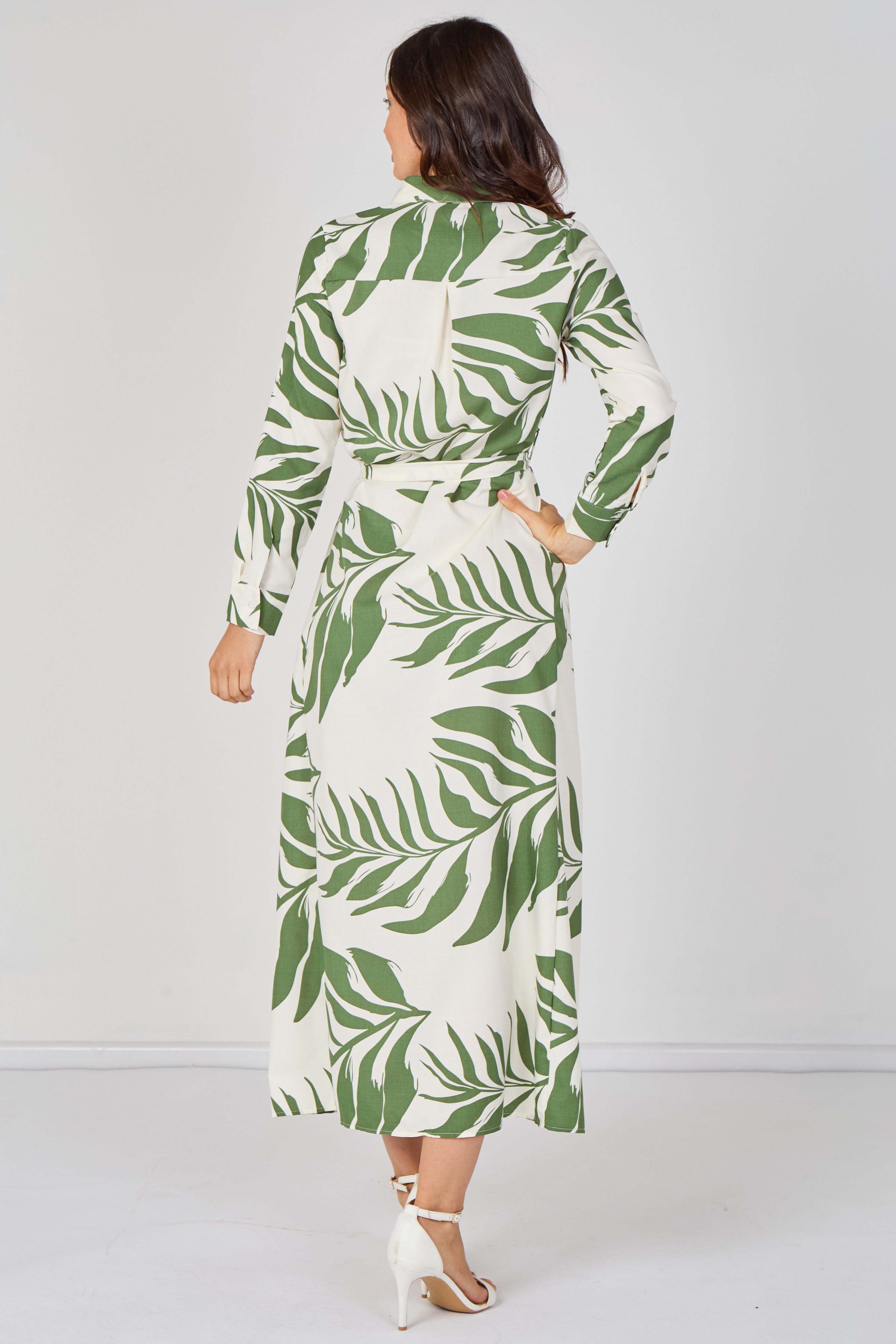 8Pcs Green Palm Print Belted Maxi Shirt Dress