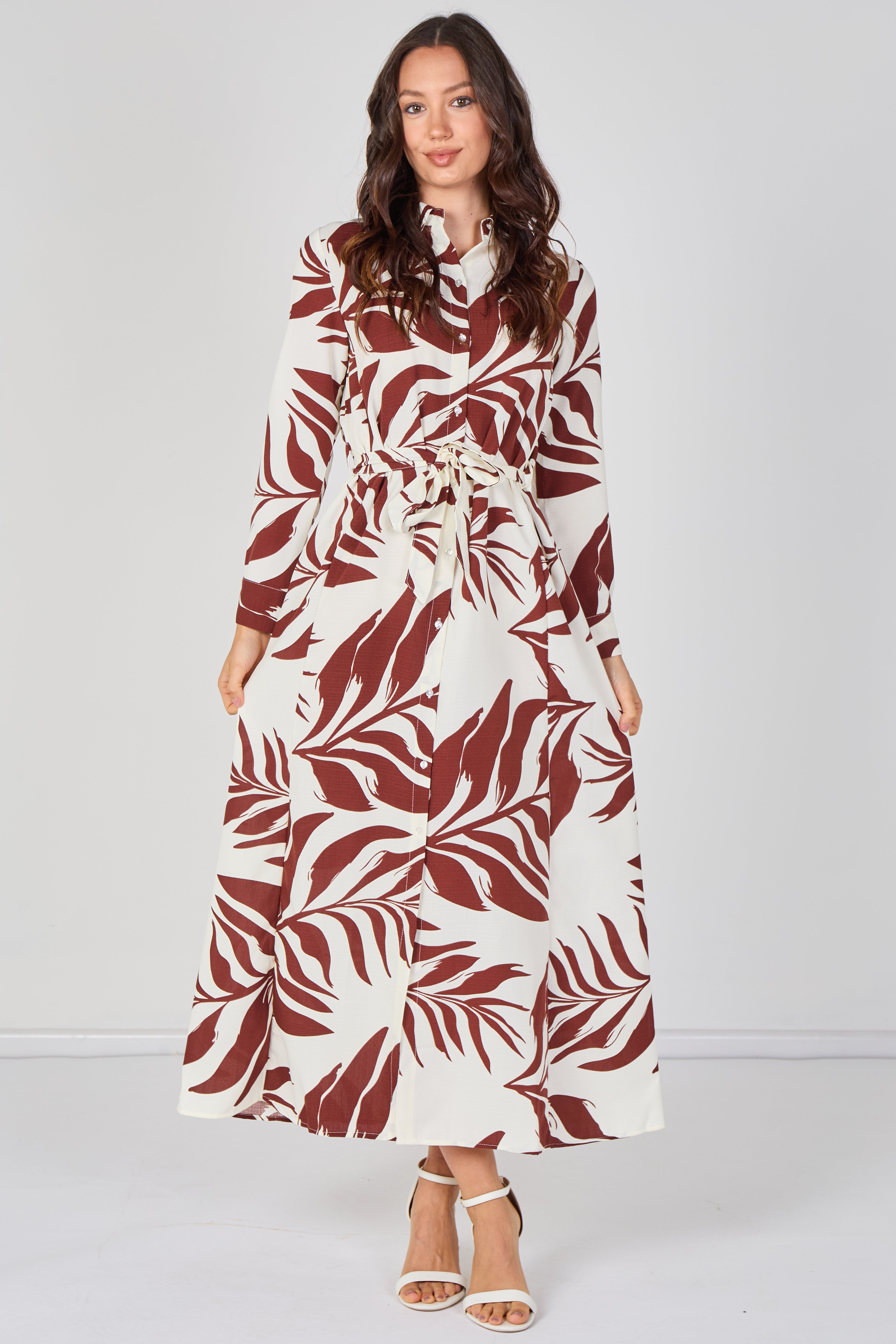 8Pcs Rust Palm Print Belted Maxi Shirt Dress