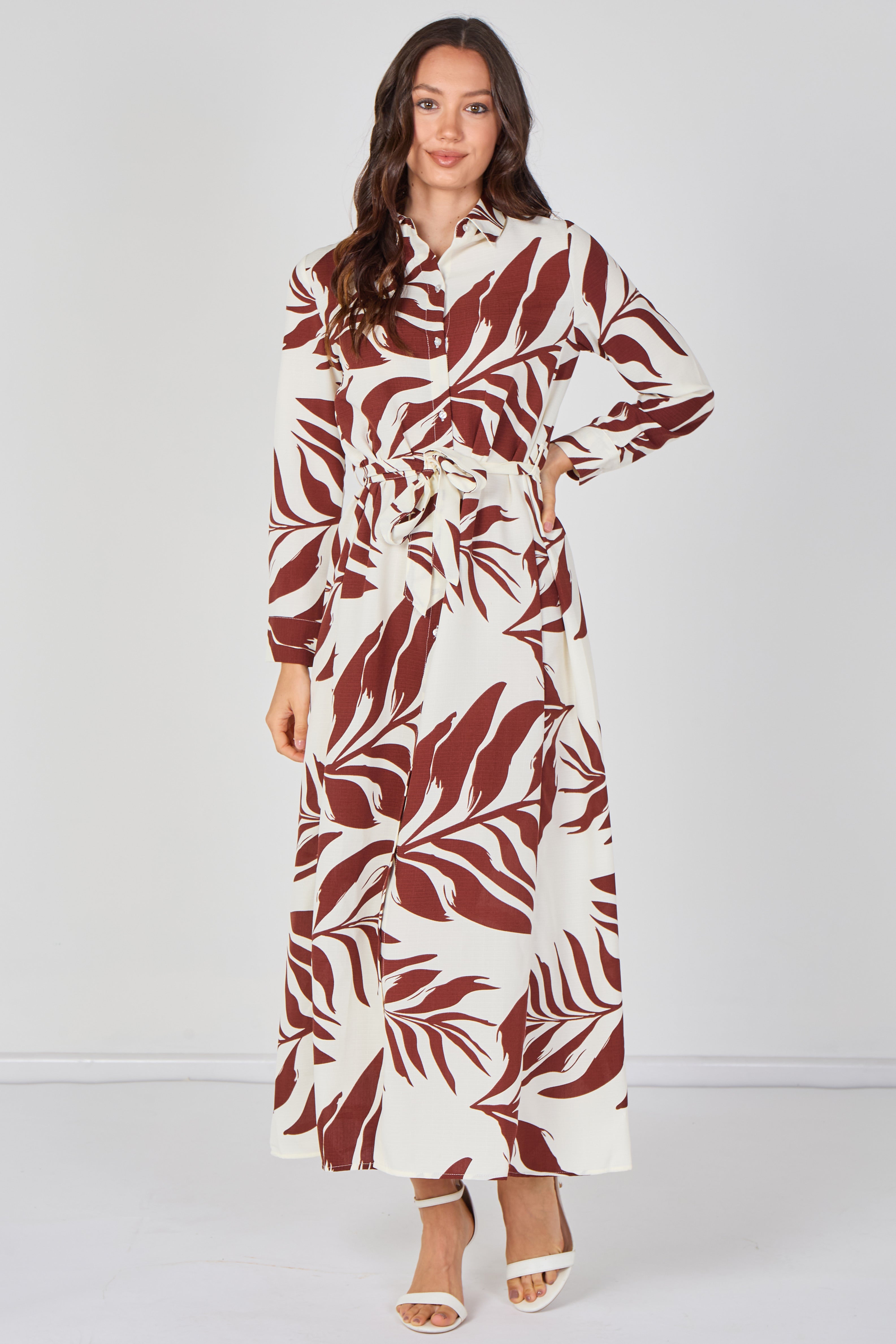 8Pcs Rust Palm Print Belted Maxi Shirt Dress