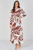 8Pcs Rust Palm Print Belted Maxi Shirt Dress