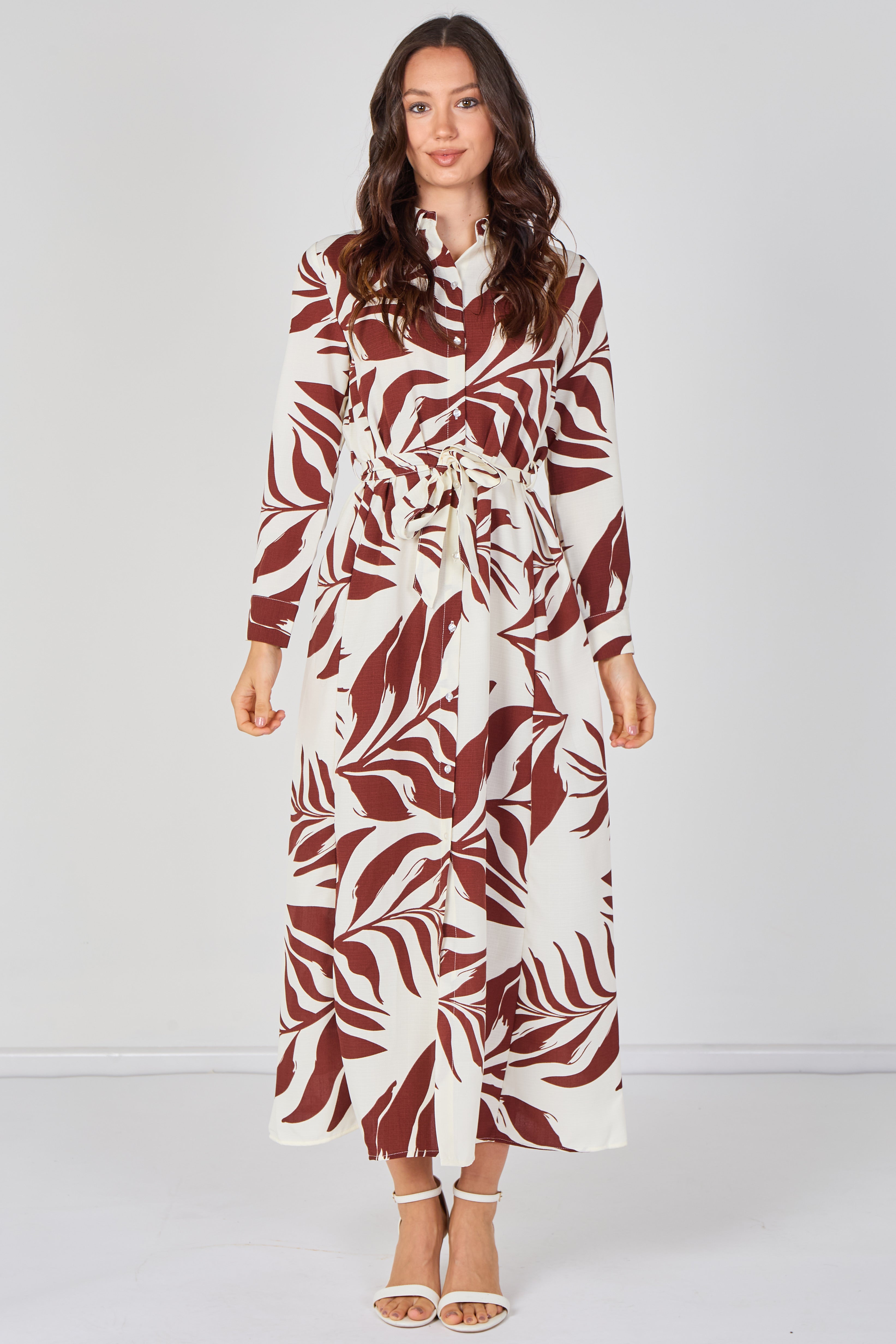 8Pcs Rust Palm Print Belted Maxi Shirt Dress