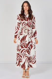8Pcs Rust Palm Print Belted Maxi Shirt Dress