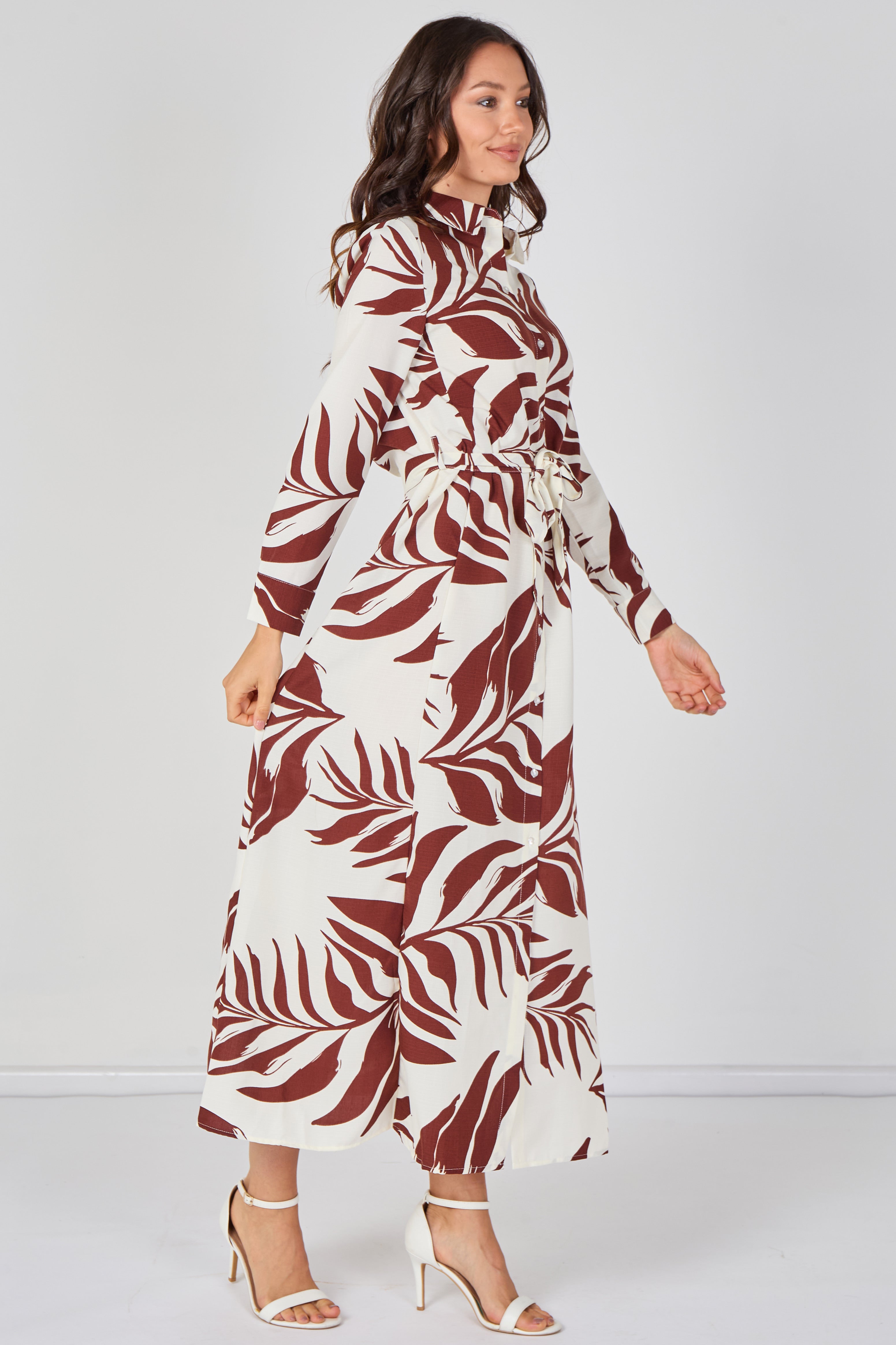 8Pcs Rust Palm Print Belted Maxi Shirt Dress
