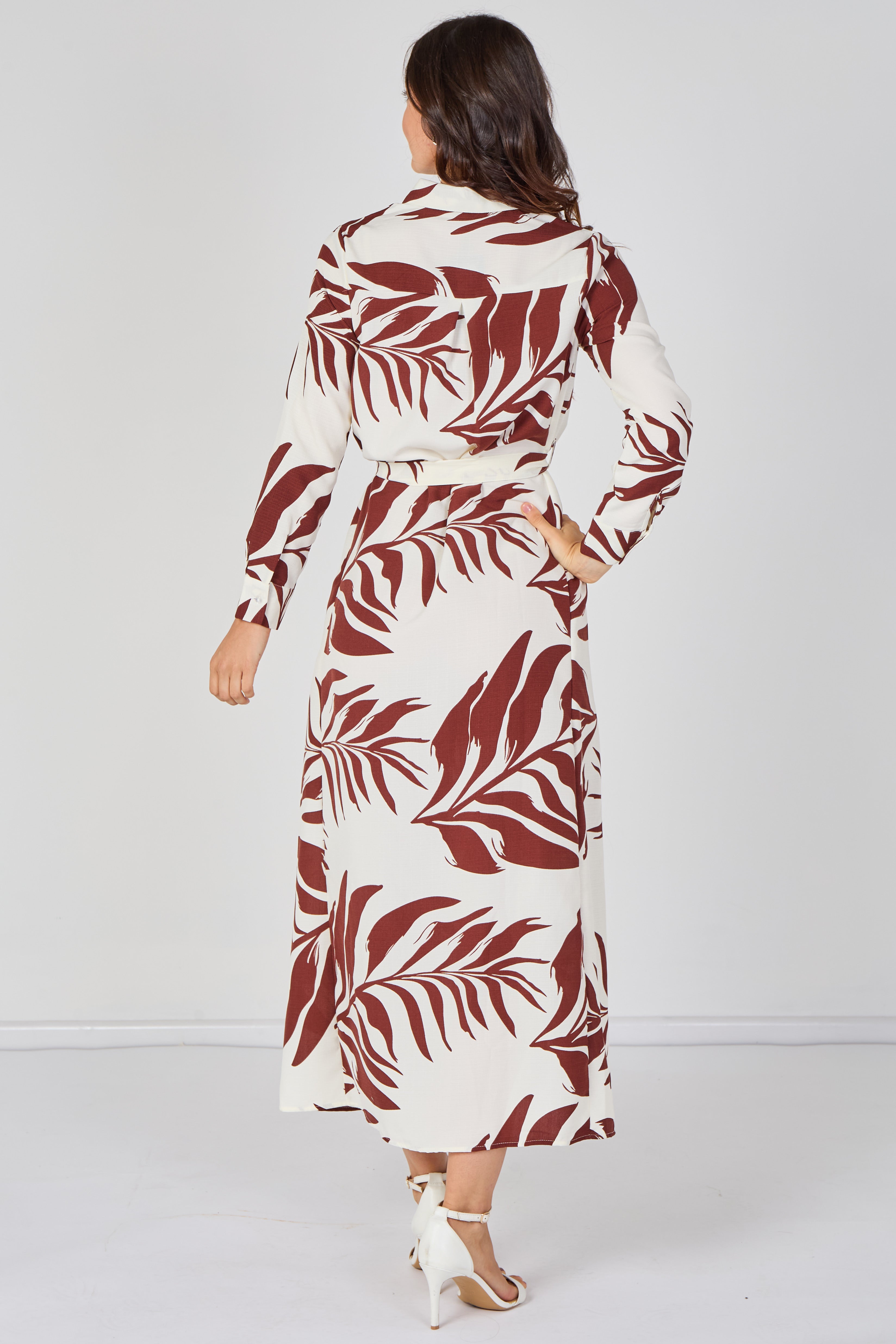 8Pcs Rust Palm Print Belted Maxi Shirt Dress