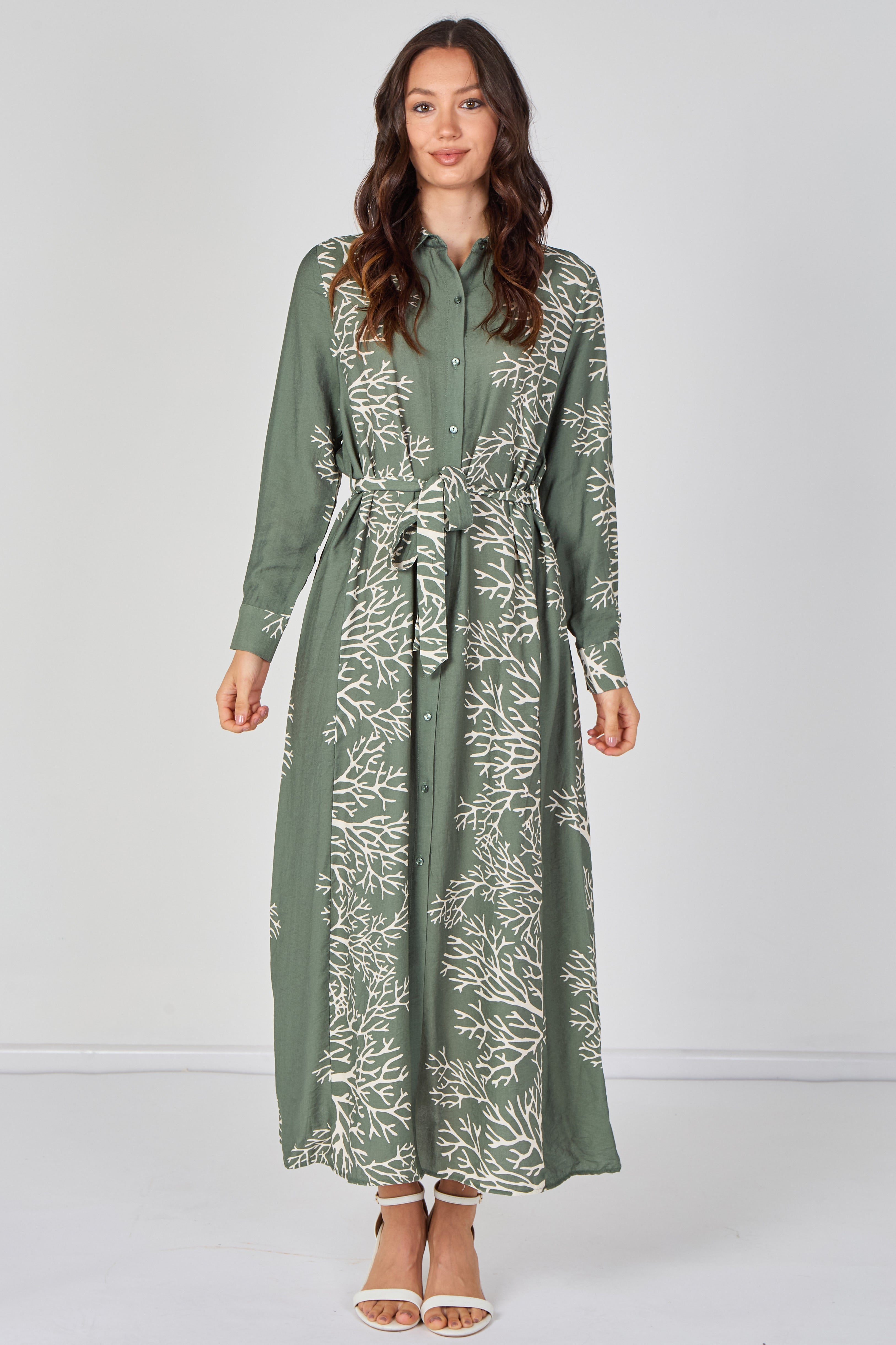 8Pcs Sage Coral Print Belted Maxi Shirt Dress