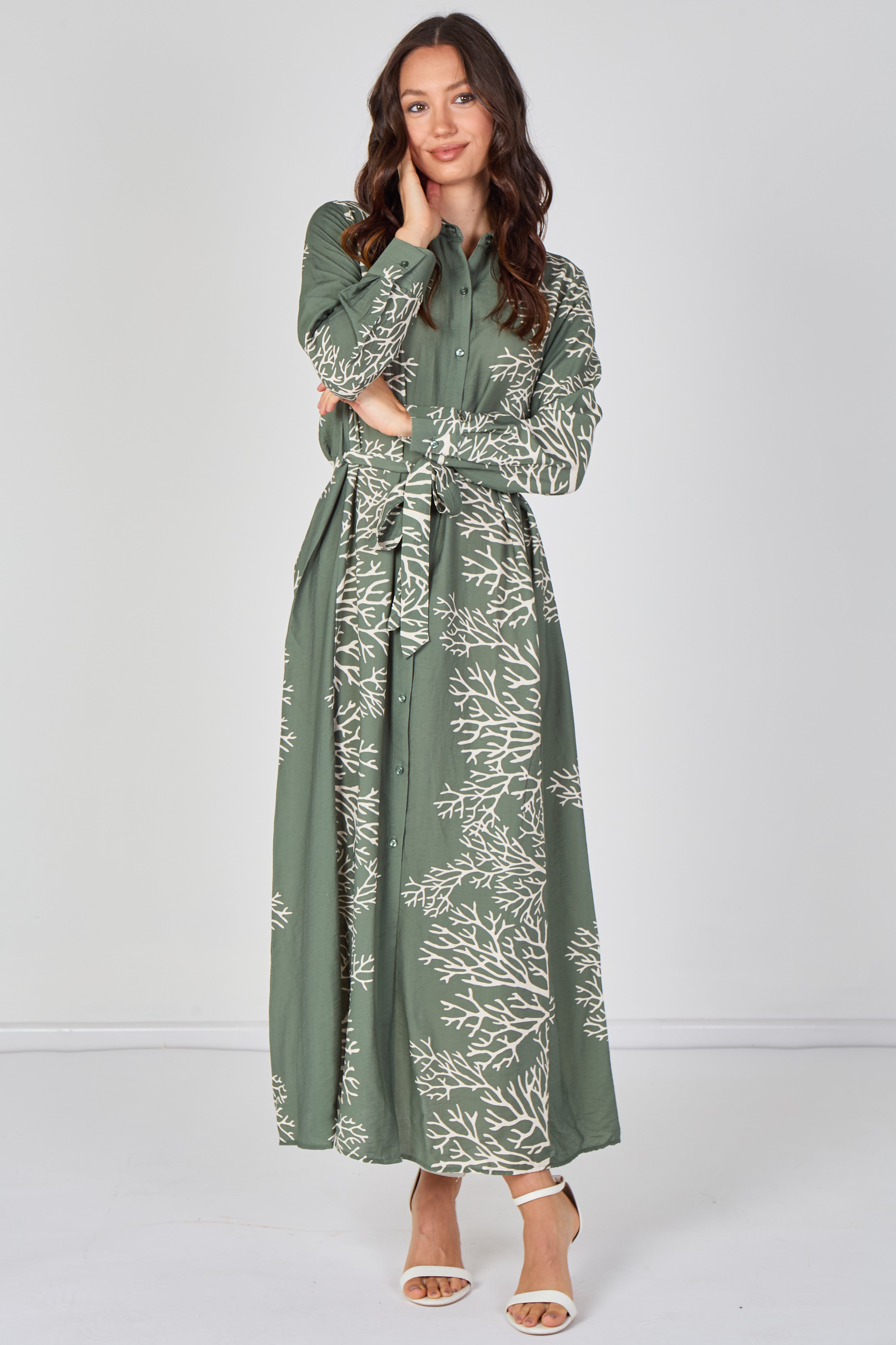 8Pcs Sage Coral Print Belted Maxi Shirt Dress
