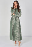 8Pcs Sage Coral Print Belted Maxi Shirt Dress