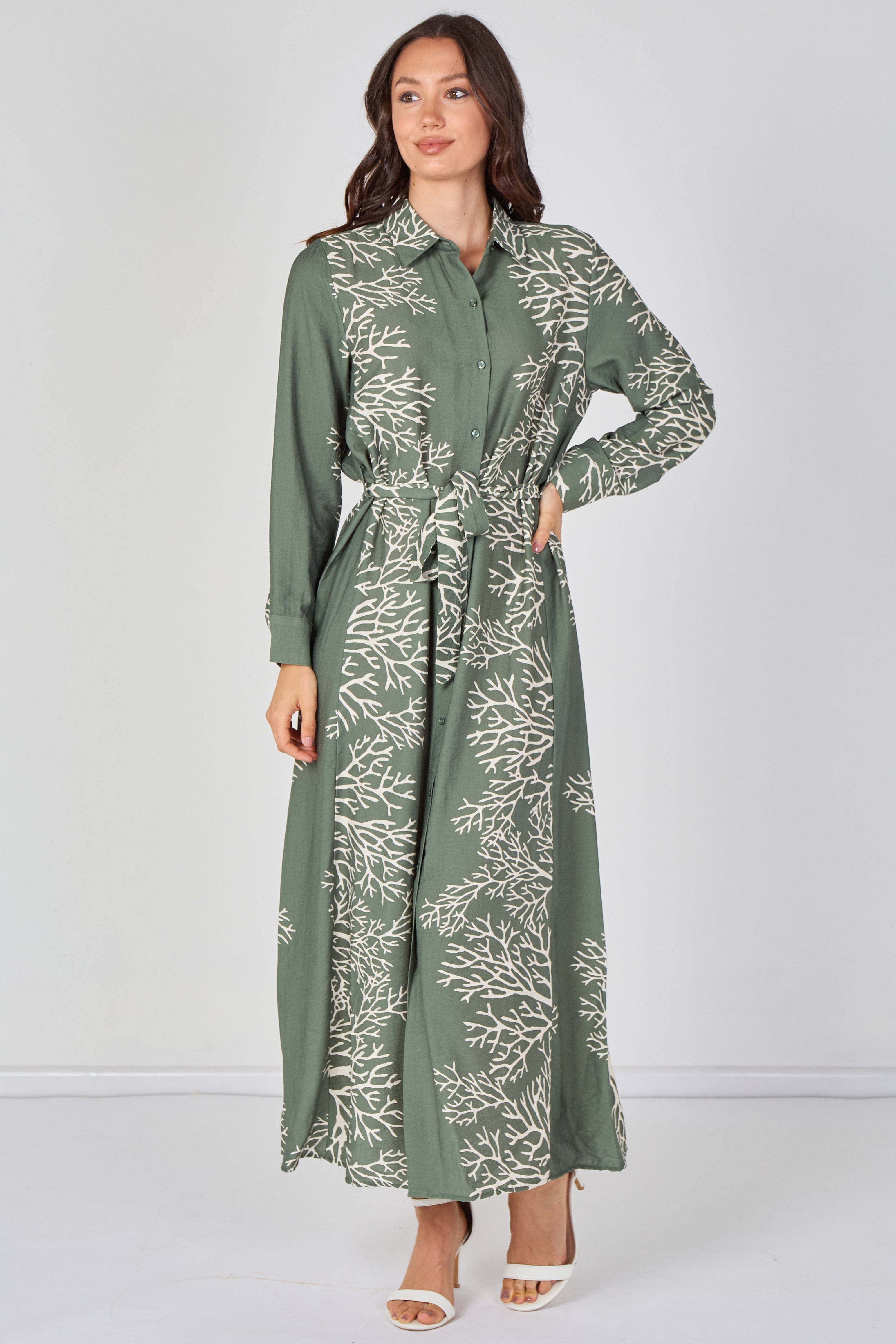 8Pcs Sage Coral Print Belted Maxi Shirt Dress