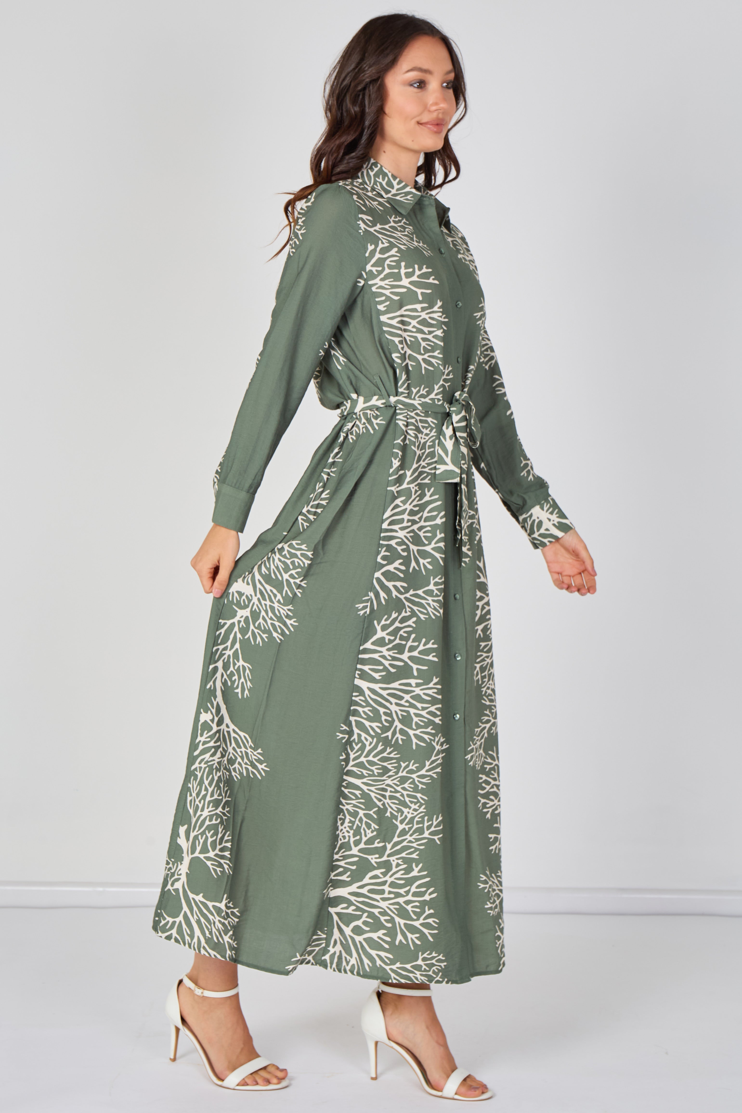 8Pcs Sage Coral Print Belted Maxi Shirt Dress