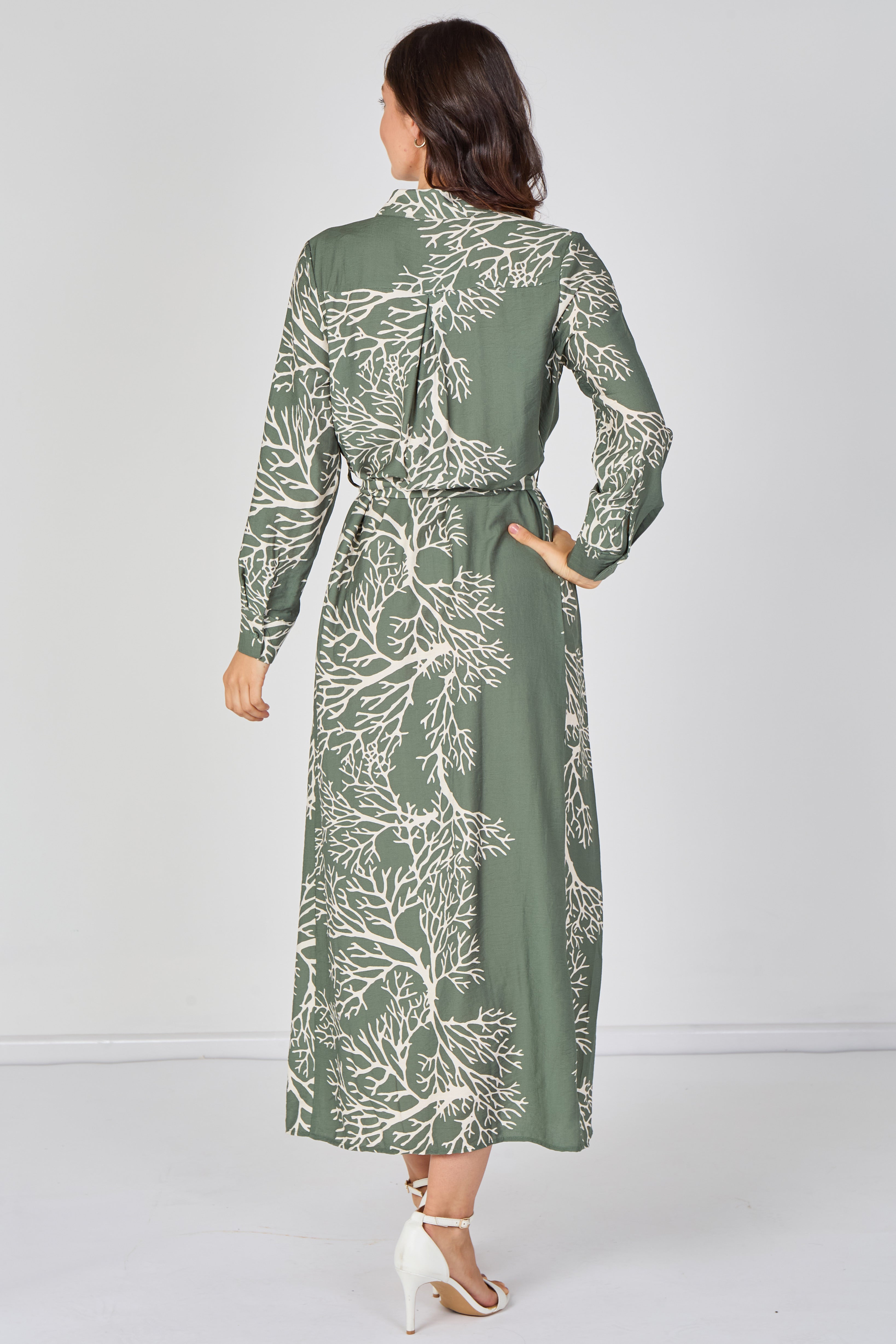 8Pcs Sage Coral Print Belted Maxi Shirt Dress
