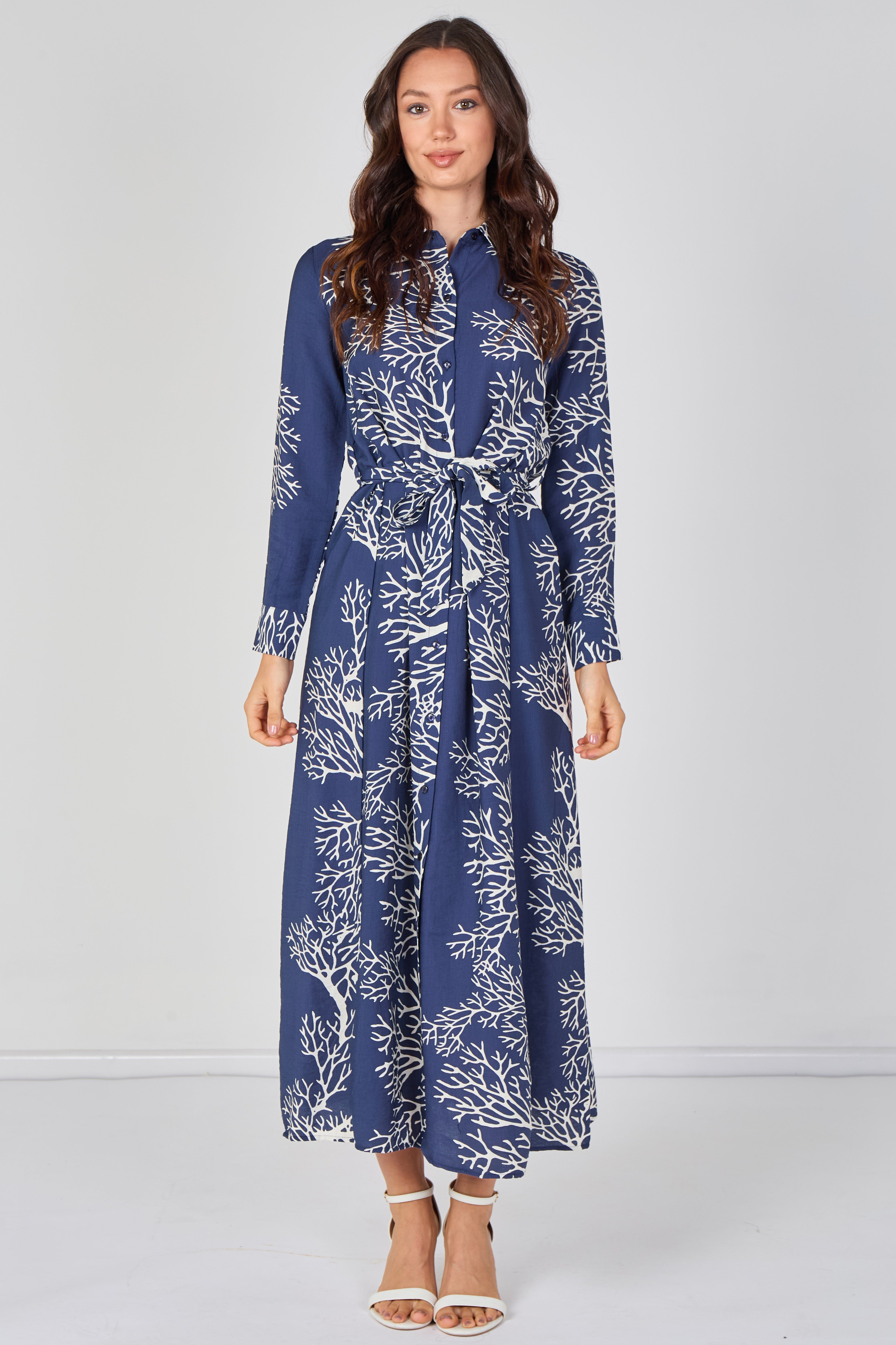 8Pcs Navy Coral Print Belted Maxi Shirt Dress