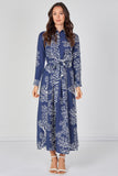 8Pcs Navy Coral Print Belted Maxi Shirt Dress