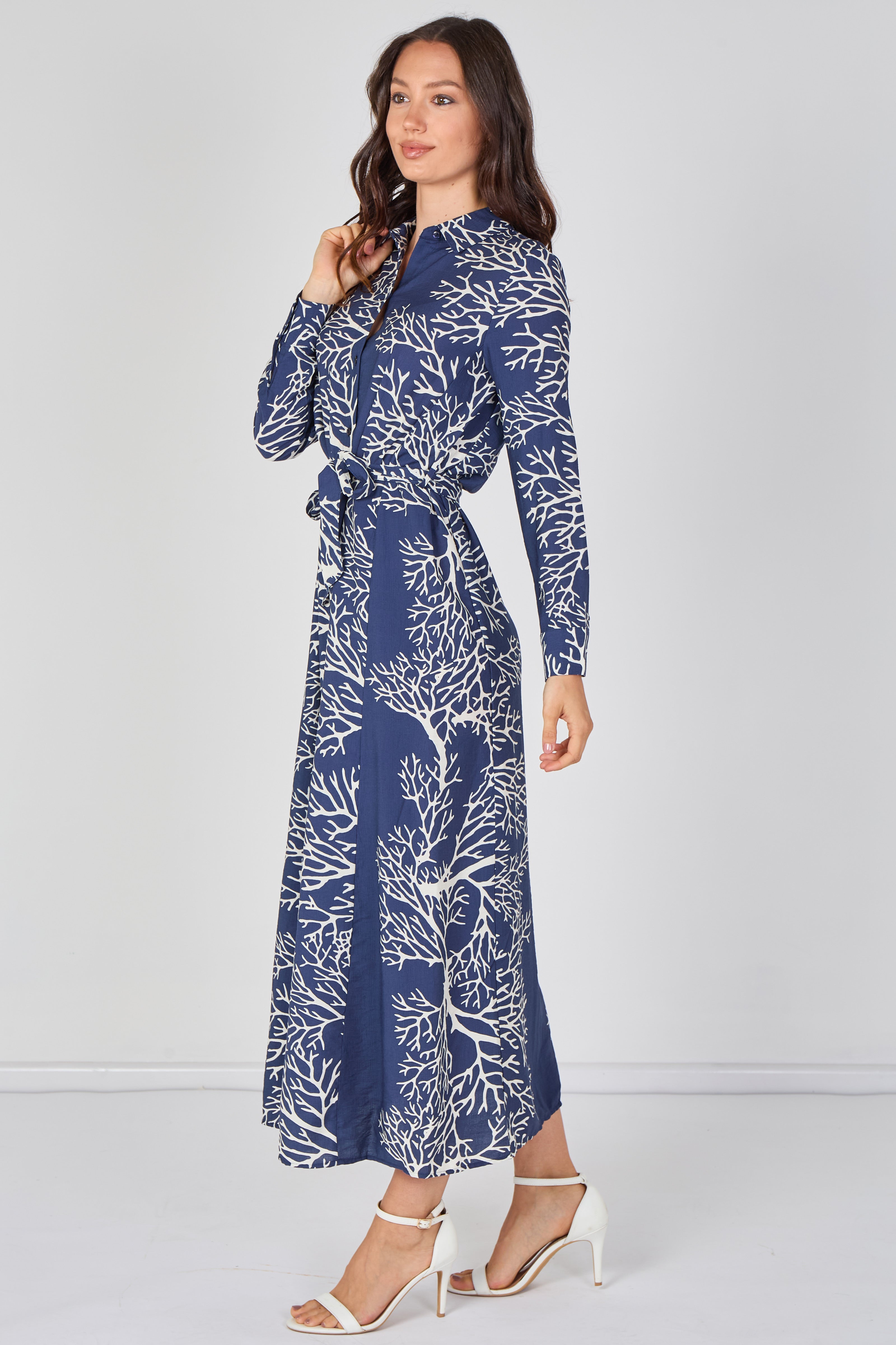8Pcs Navy Coral Print Belted Maxi Shirt Dress