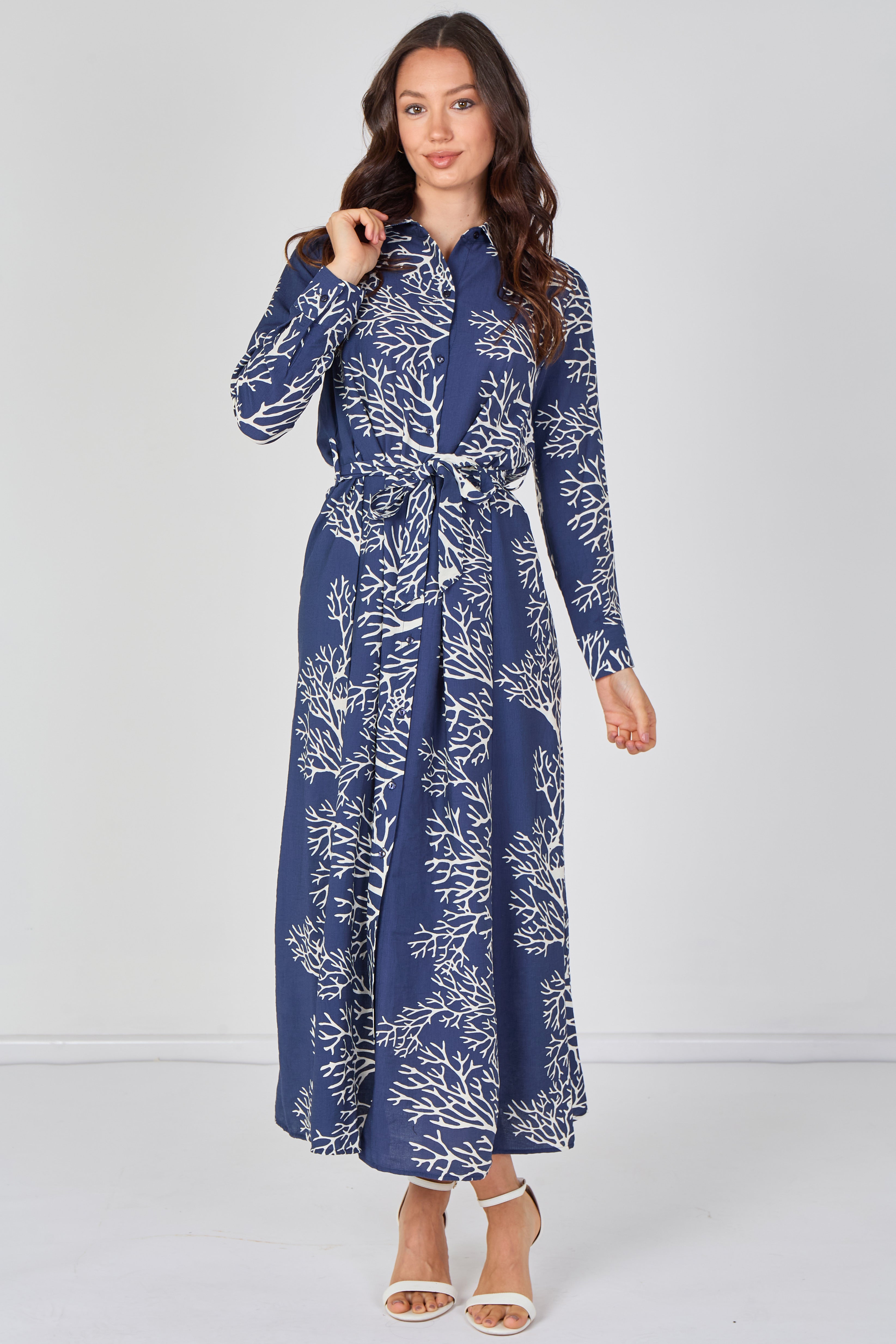8Pcs Navy Coral Print Belted Maxi Shirt Dress