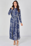 8Pcs Navy Coral Print Belted Maxi Shirt Dress