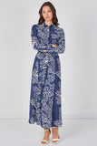 8Pcs Navy Coral Print Belted Maxi Shirt Dress