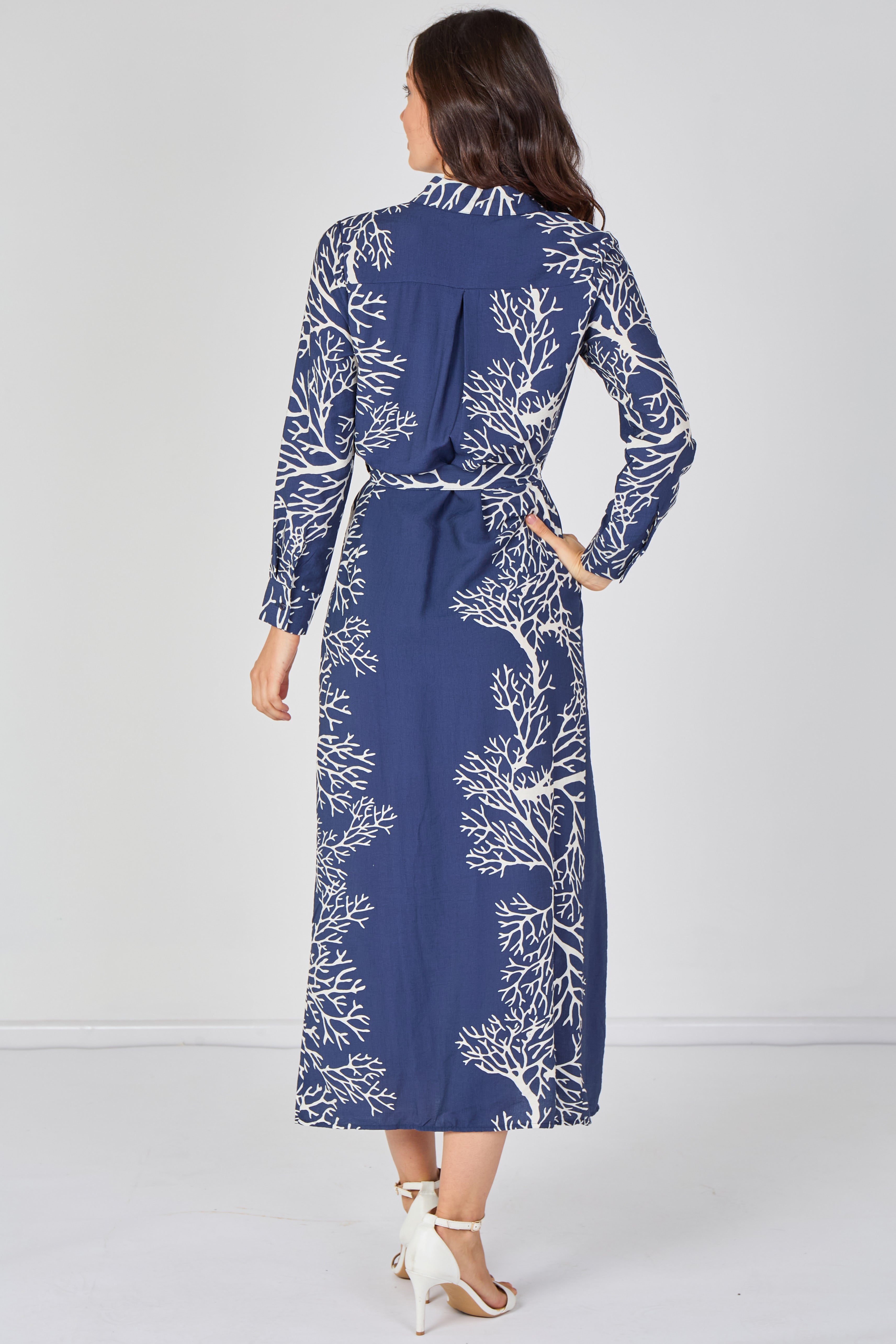 8Pcs Navy Coral Print Belted Maxi Shirt Dress