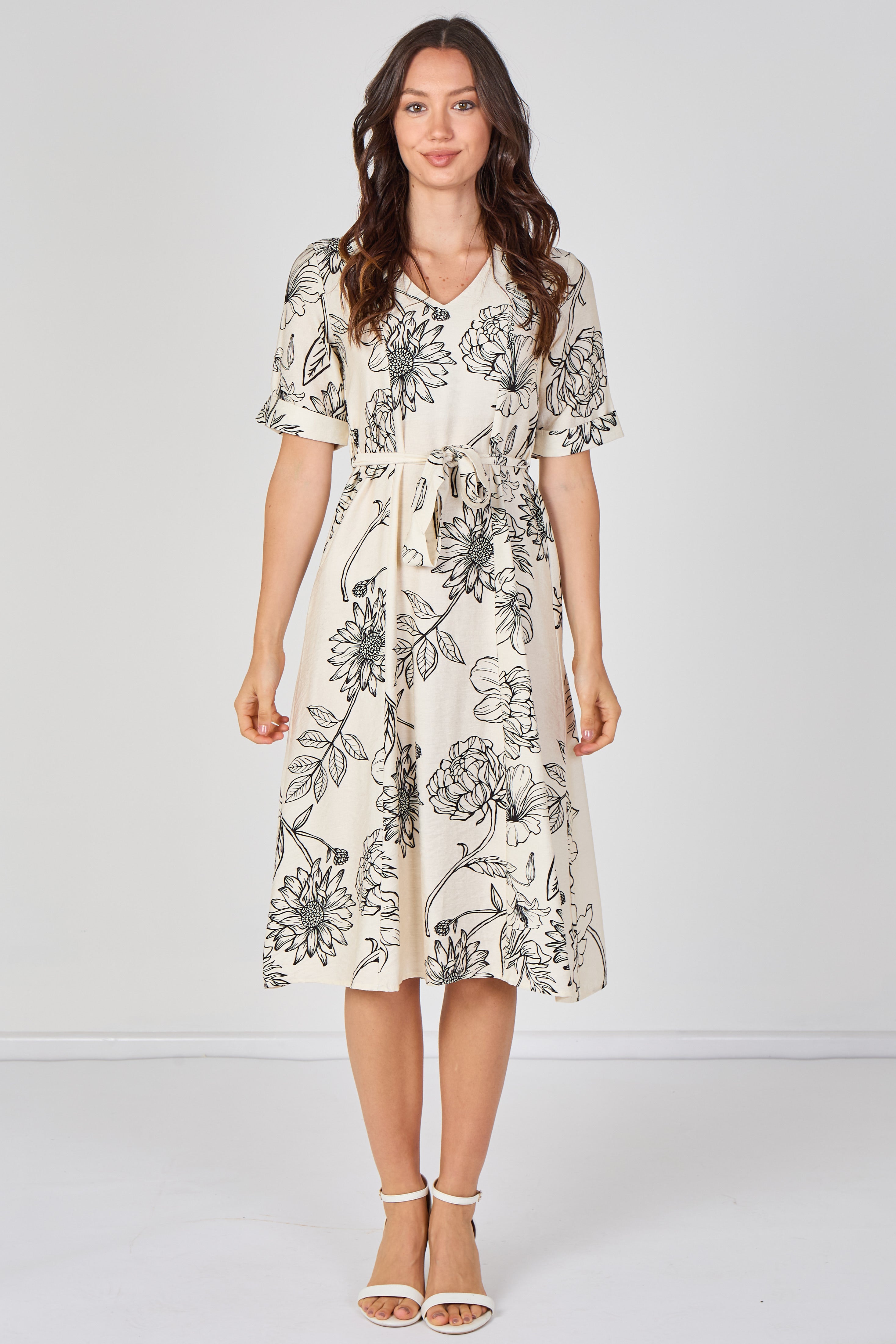 9Pcs Ivory Floral Print Short Sleeve Midi Dress