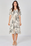 9Pcs Ivory Floral Print Short Sleeve Midi Dress