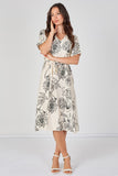 9Pcs Ivory Floral Print Short Sleeve Midi Dress
