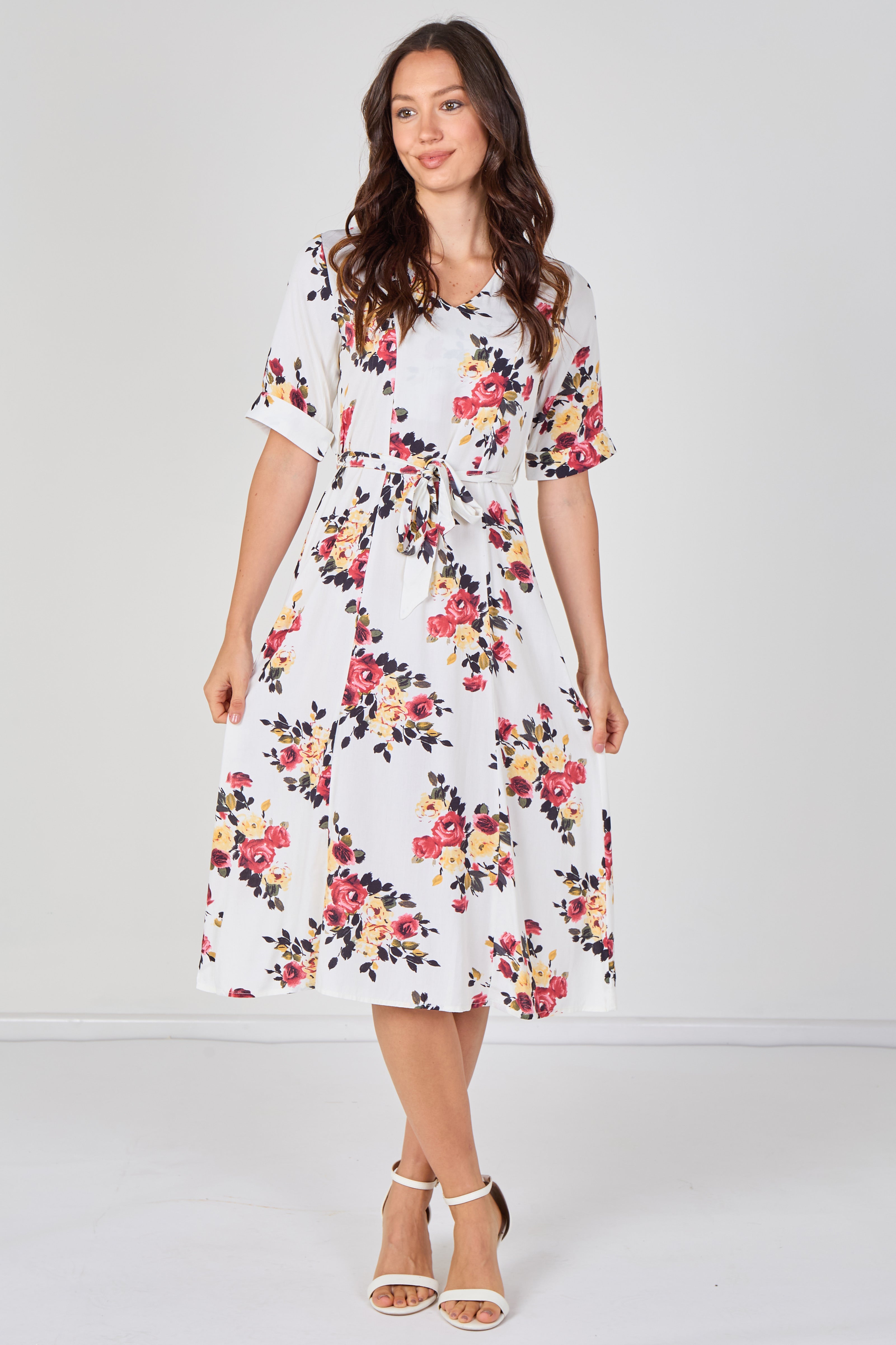 9Pcs White Floral Print Short Sleeve Midi Dress