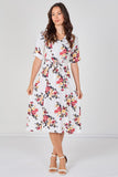 9Pcs White Floral Print Short Sleeve Midi Dress