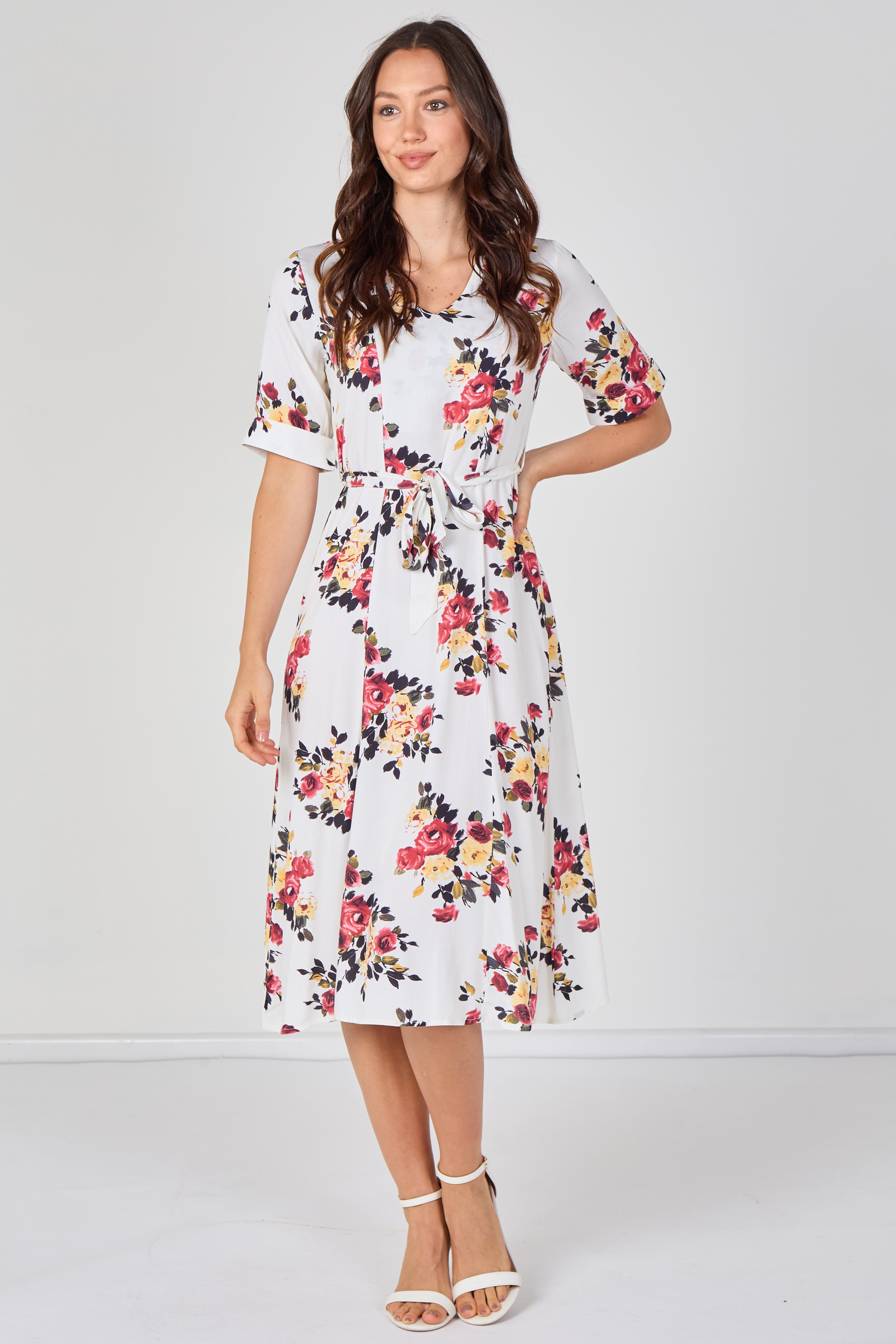 9Pcs White Floral Print Short Sleeve Midi Dress