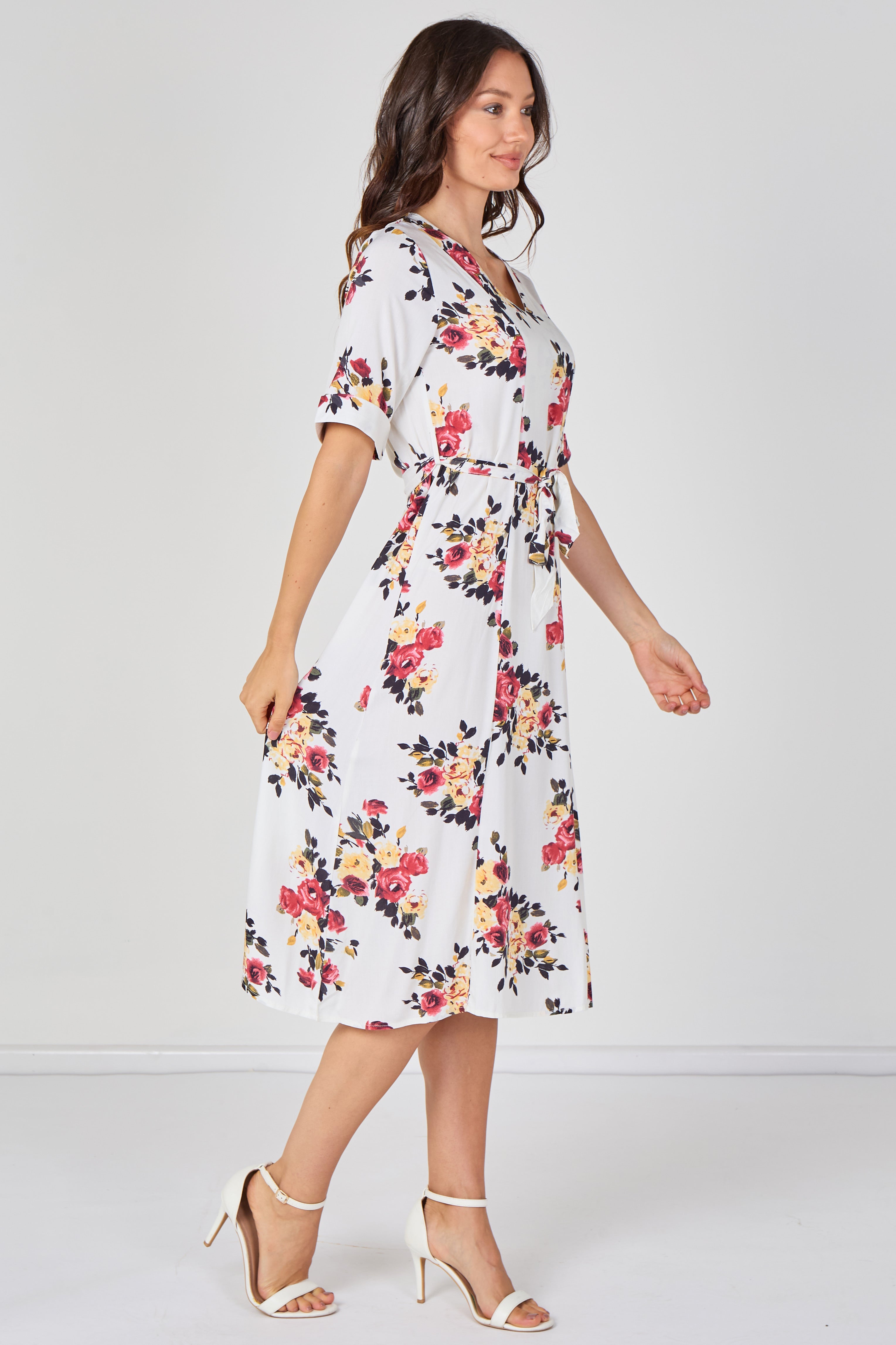 9Pcs White Floral Print Short Sleeve Midi Dress