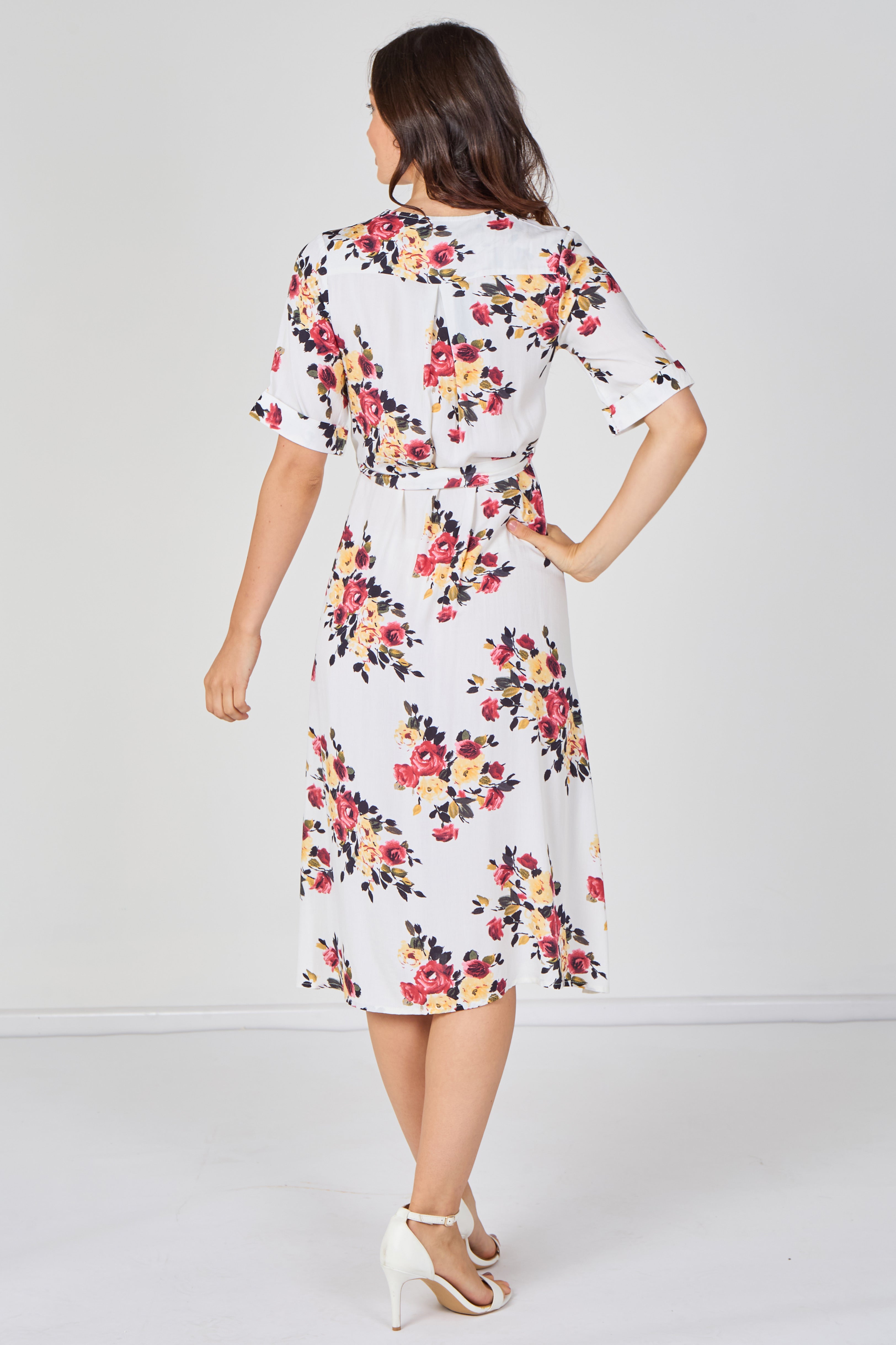 9Pcs White Floral Print Short Sleeve Midi Dress