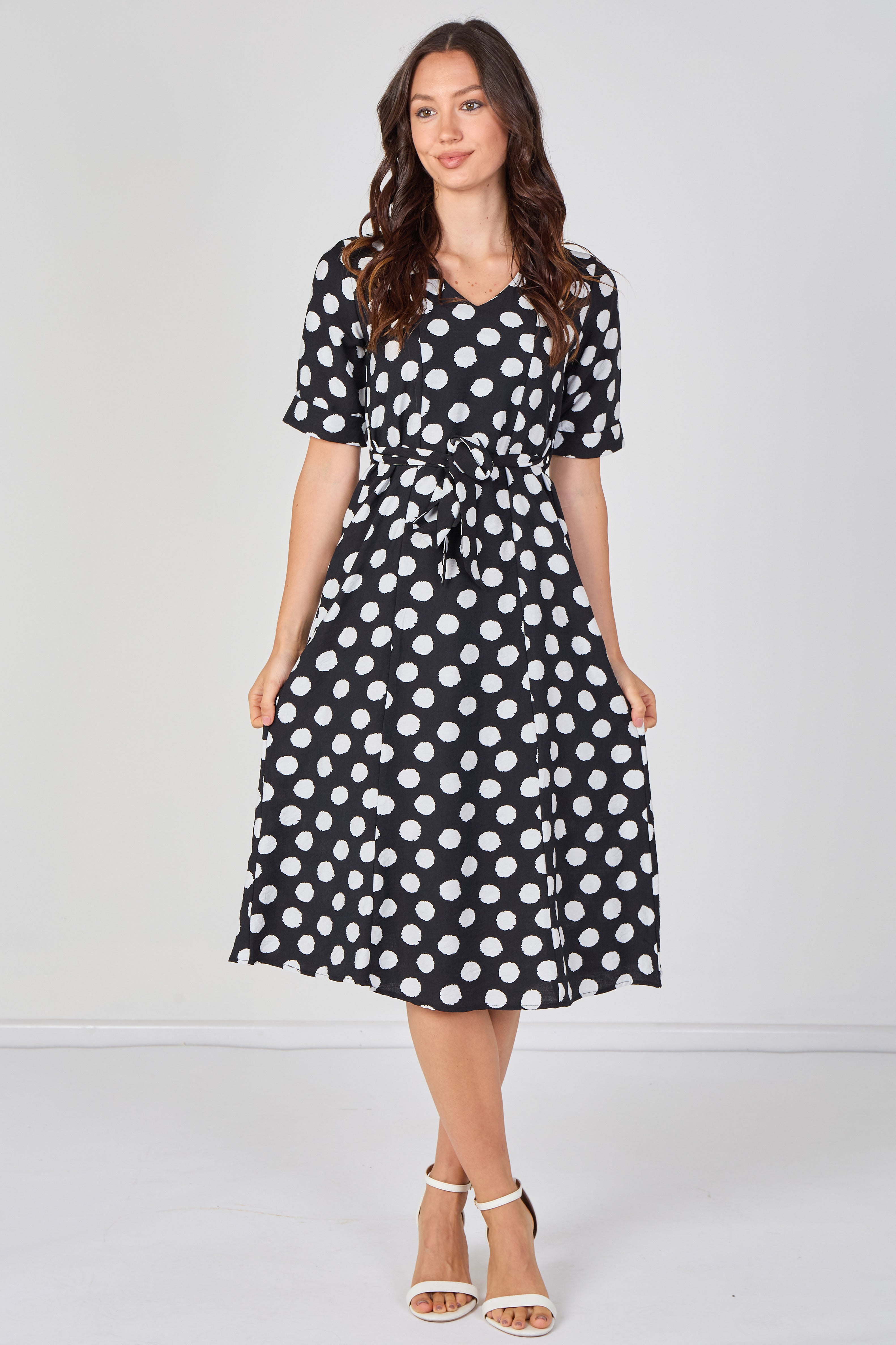 9Pcs Black Polka Dot Short Sleeve Midi Dress