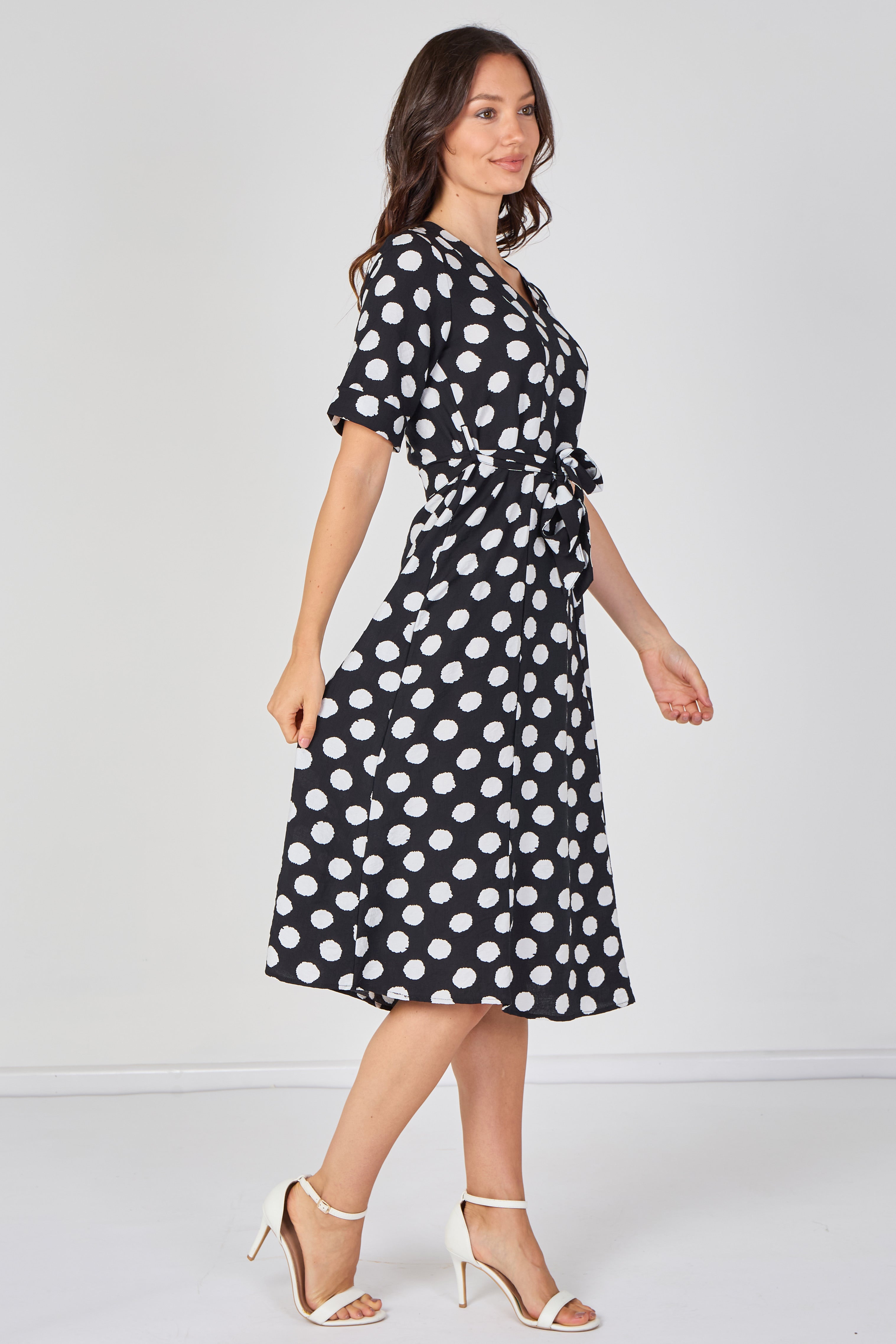9Pcs Black Polka Dot Short Sleeve Midi Dress