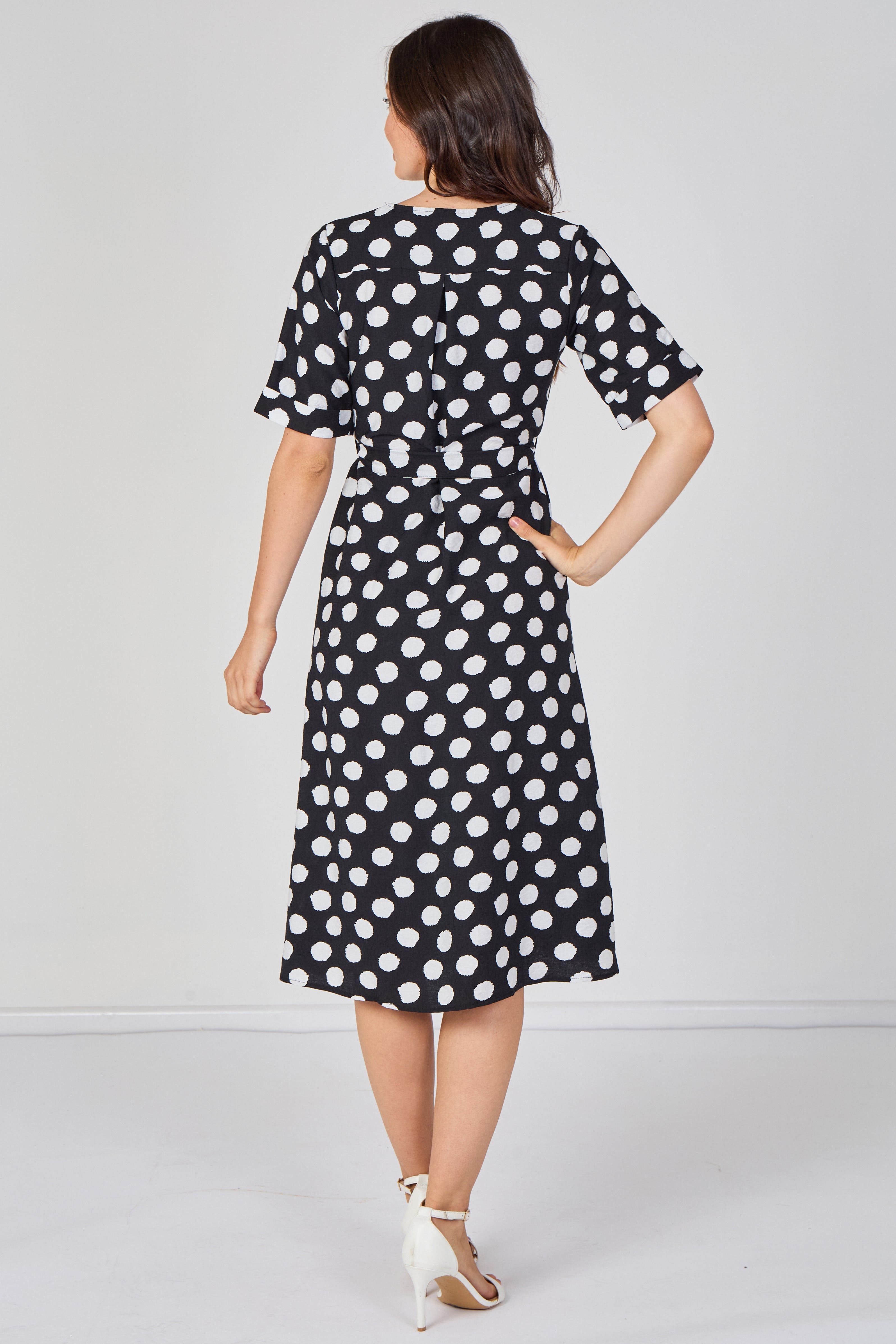 9Pcs Black Polka Dot Short Sleeve Midi Dress