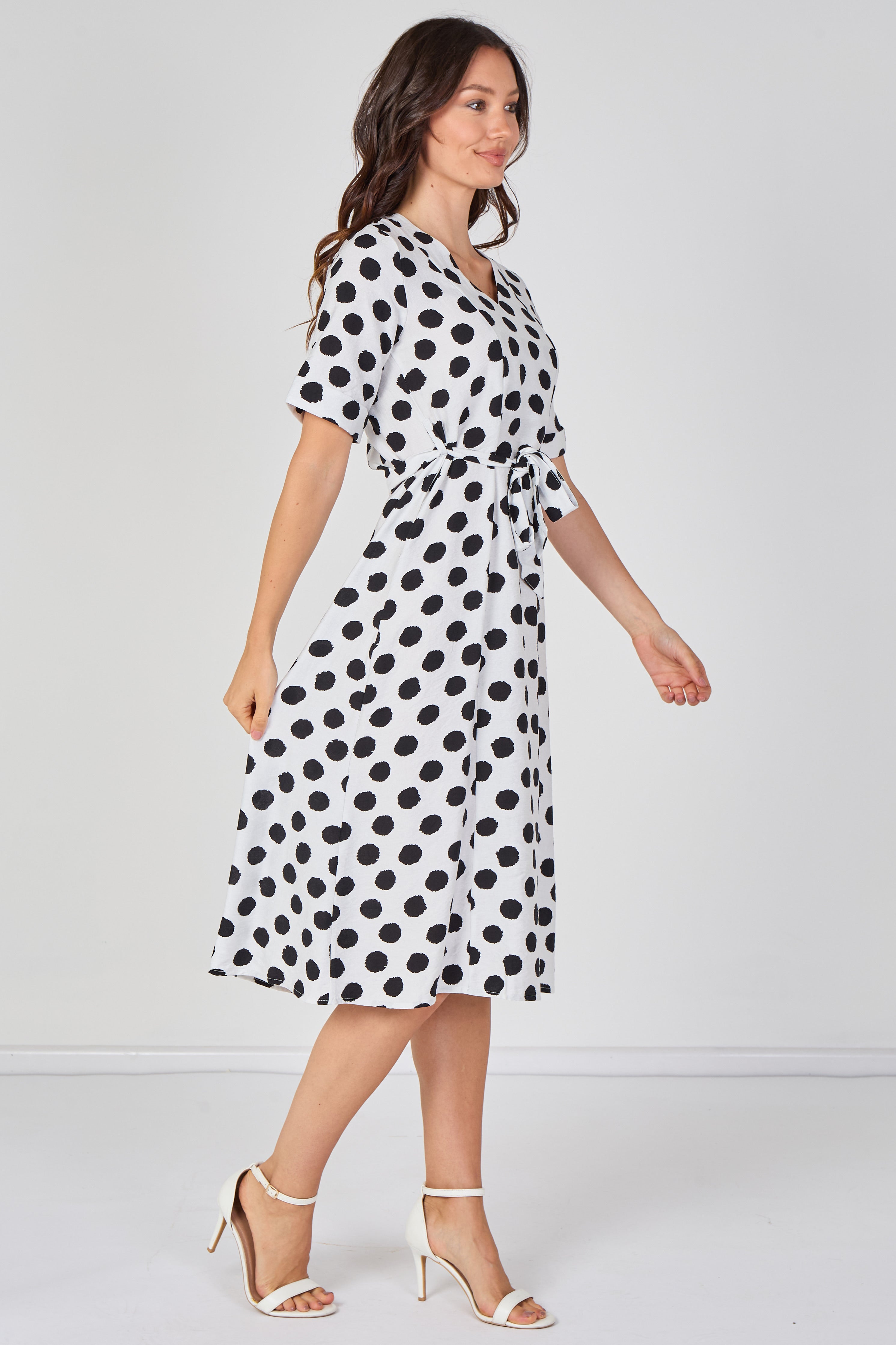 9Pcs White Polka Dot Short Sleeve Midi Dress