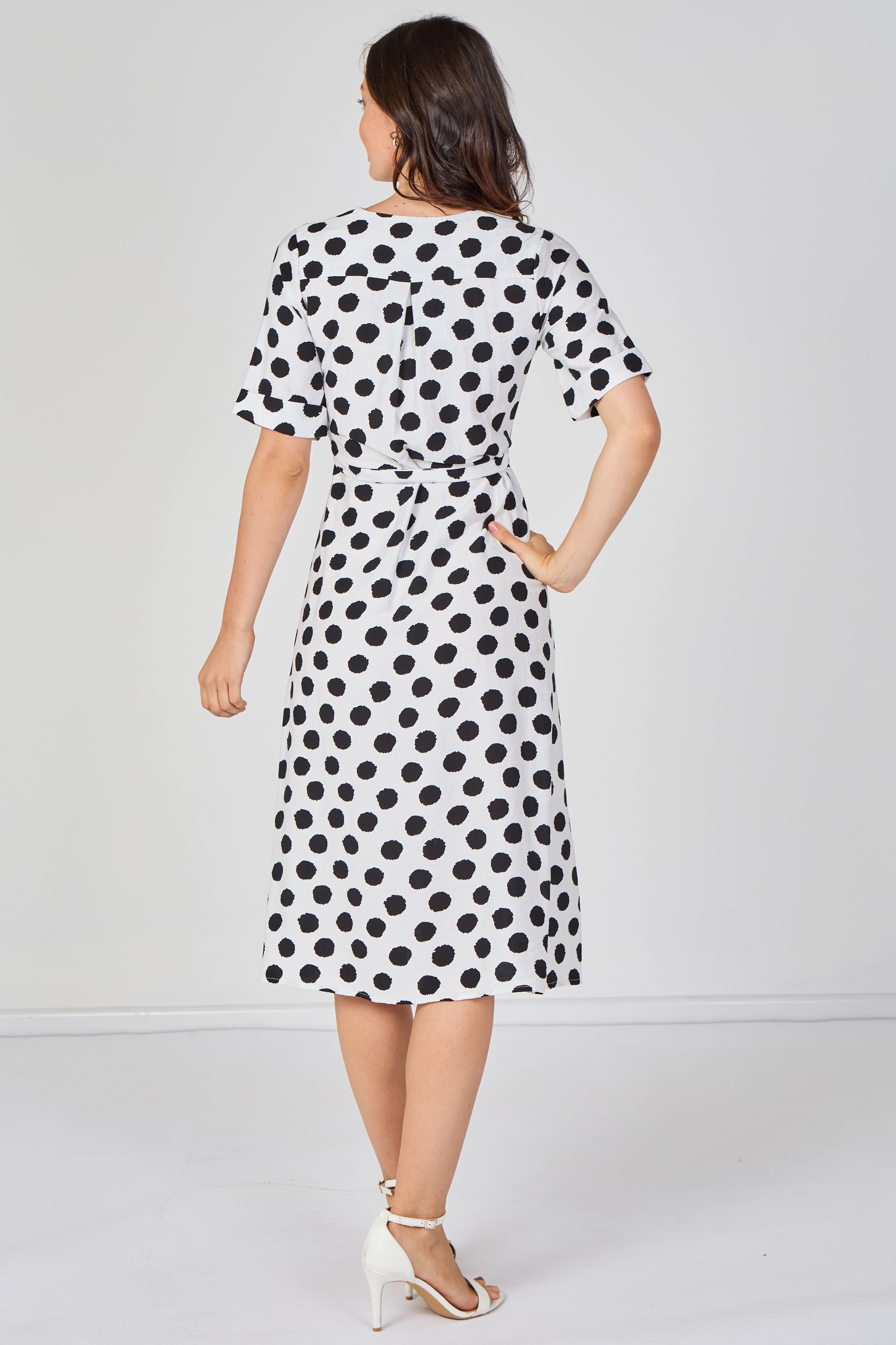 9Pcs White Polka Dot Short Sleeve Midi Dress