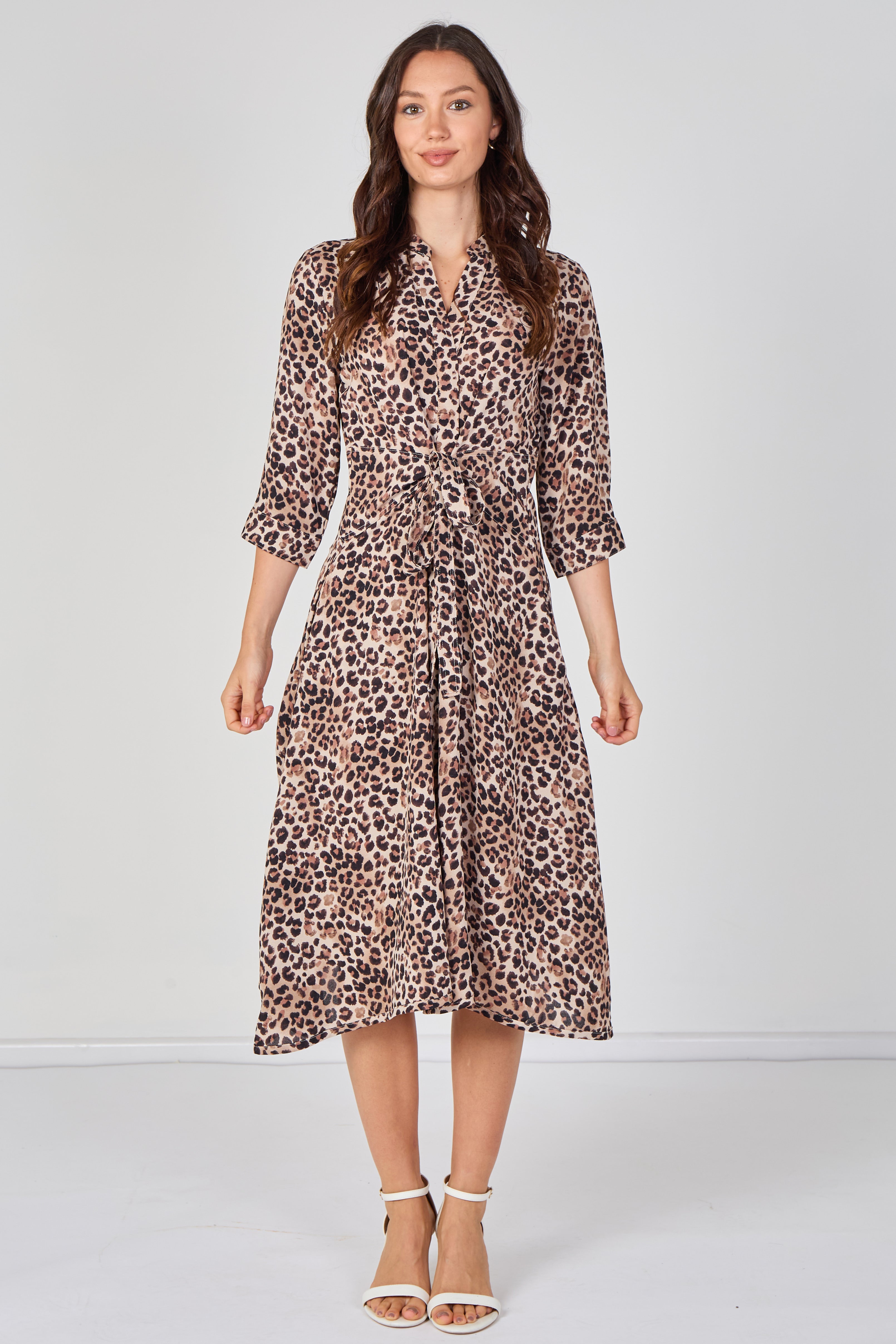 8Pcs Beige Leopard Print Quarter Sleeve Tie Waist Midi Dress