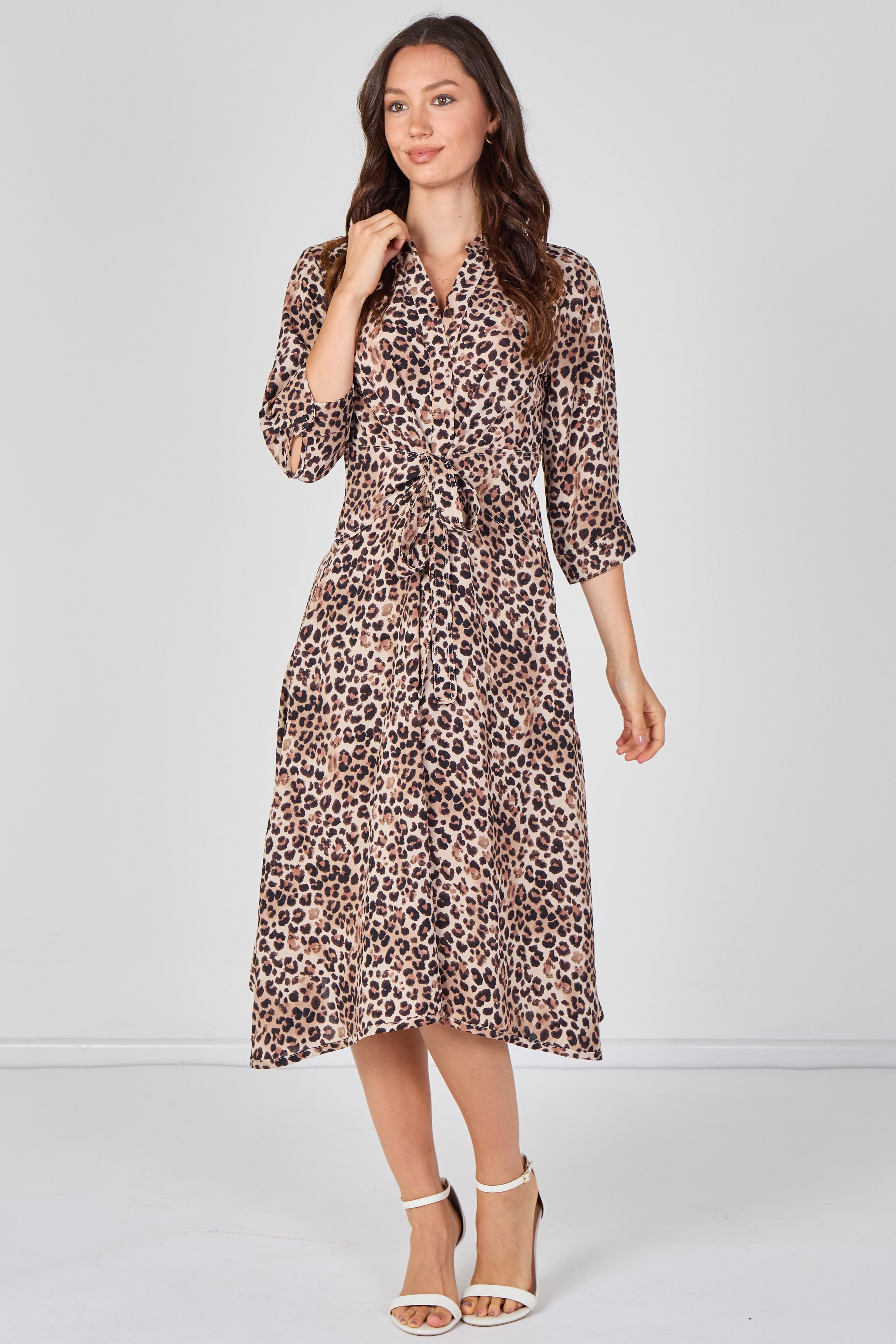 8Pcs Beige Leopard Print Quarter Sleeve Tie Waist Midi Dress