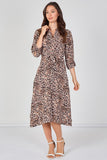 8Pcs Beige Leopard Print Quarter Sleeve Tie Waist Midi Dress