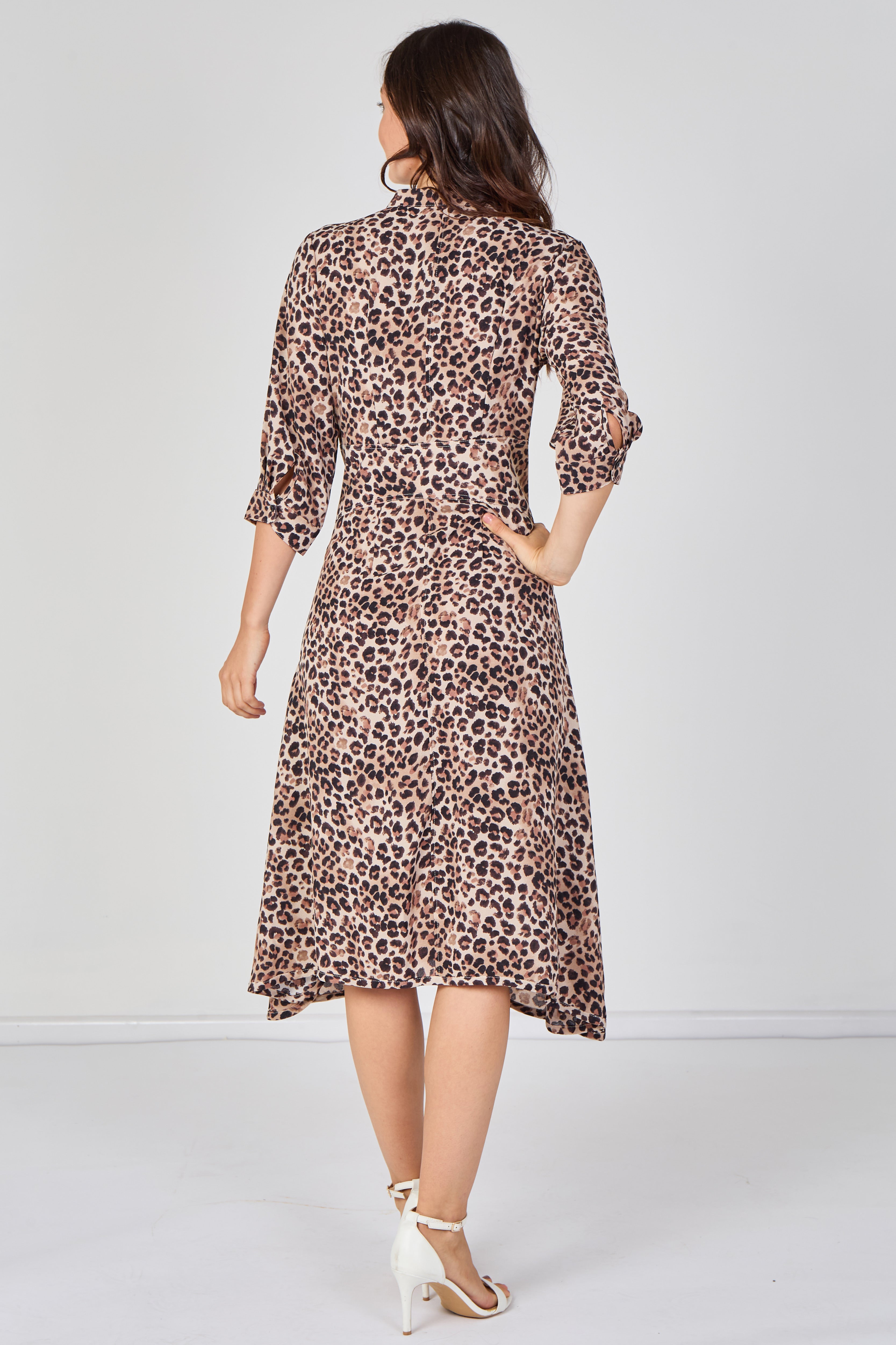 8Pcs Beige Leopard Print Quarter Sleeve Tie Waist Midi Dress