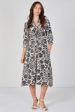 8Pcs Black Tropical Print Quarter Sleeve Tie Waist Midi Dress