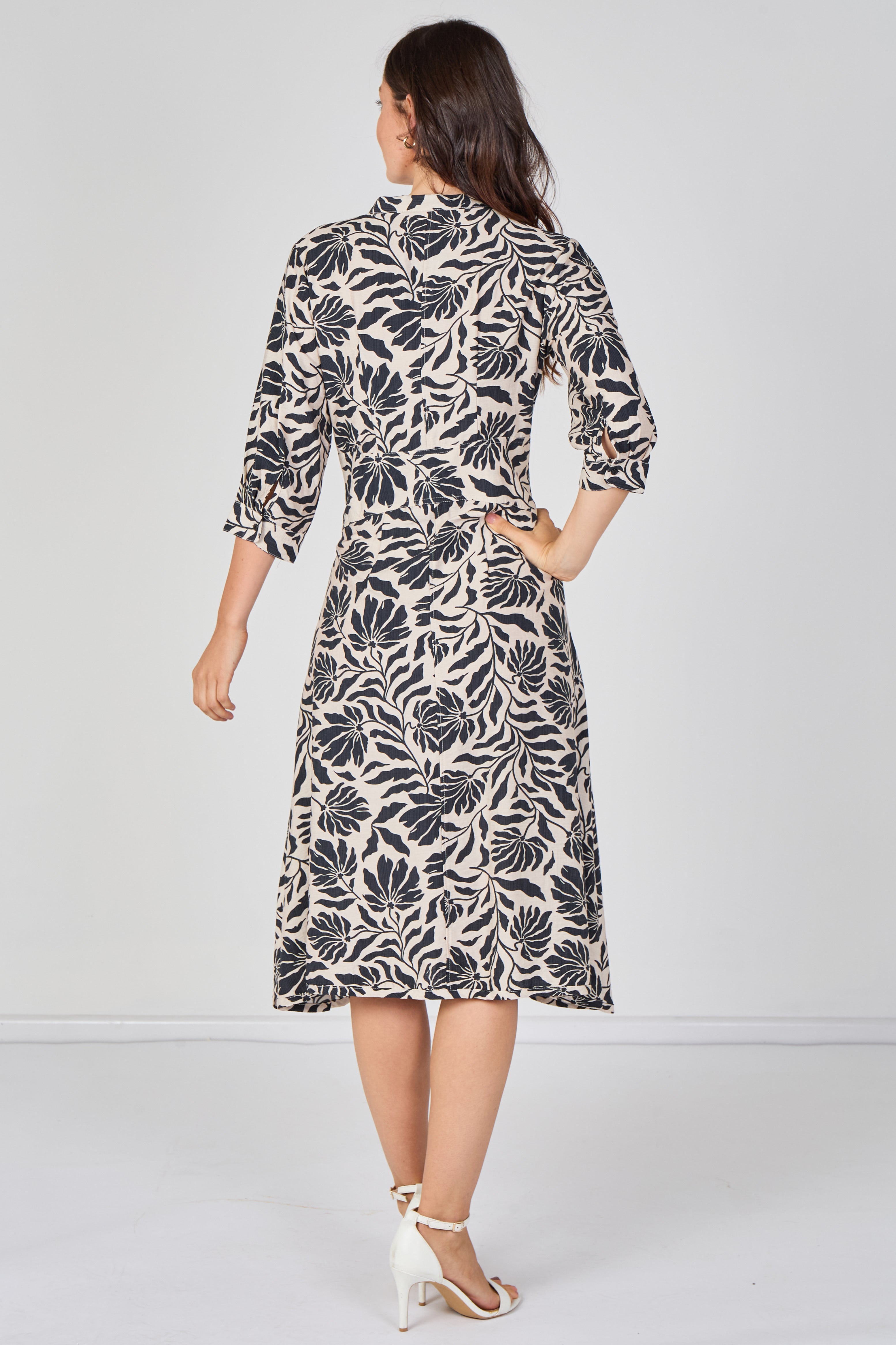 8Pcs Black Tropical Print Quarter Sleeve Tie Waist Midi Dress