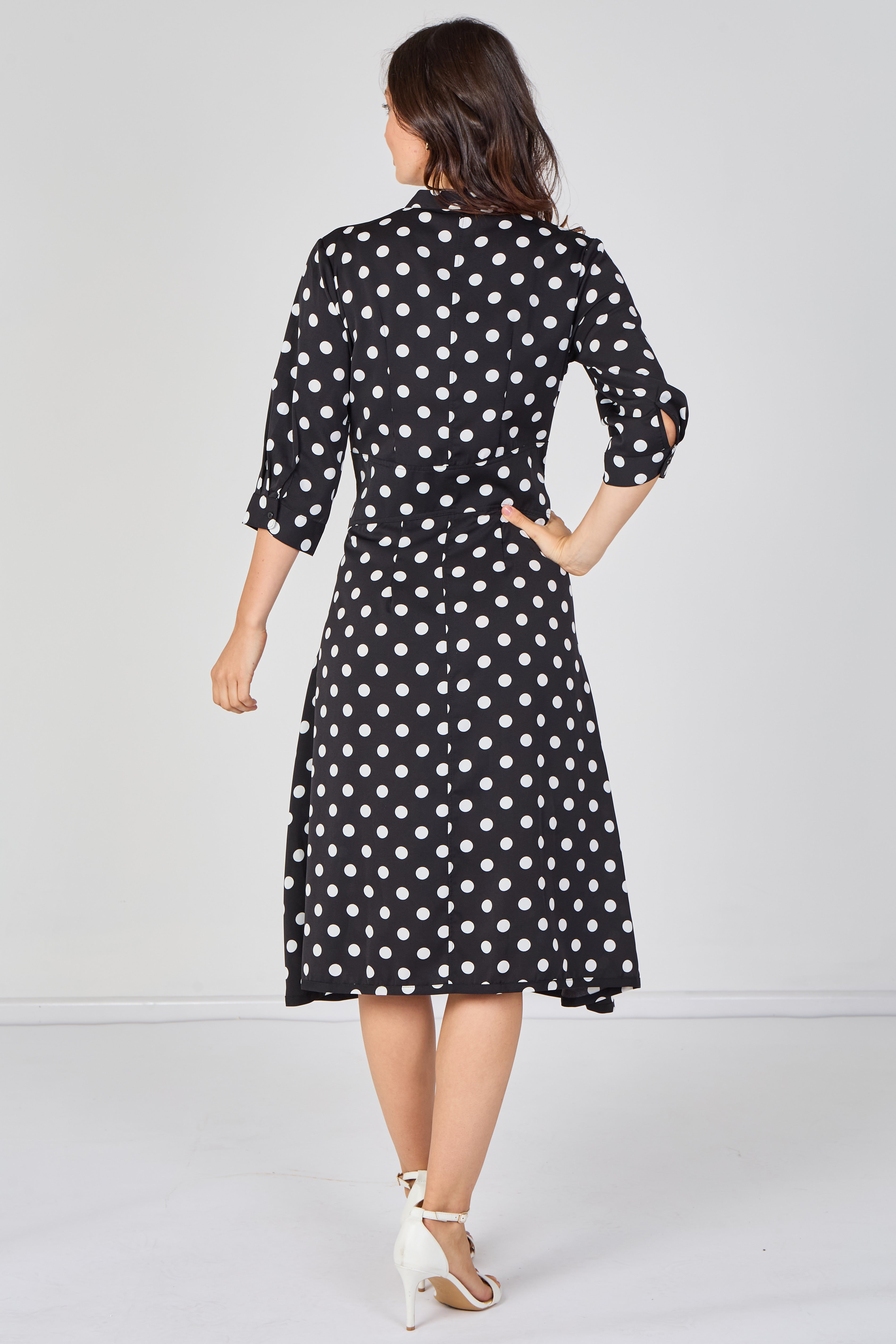 8Pcs Black Polka Dot Quarter Sleeve Tie Waist Midi Dress