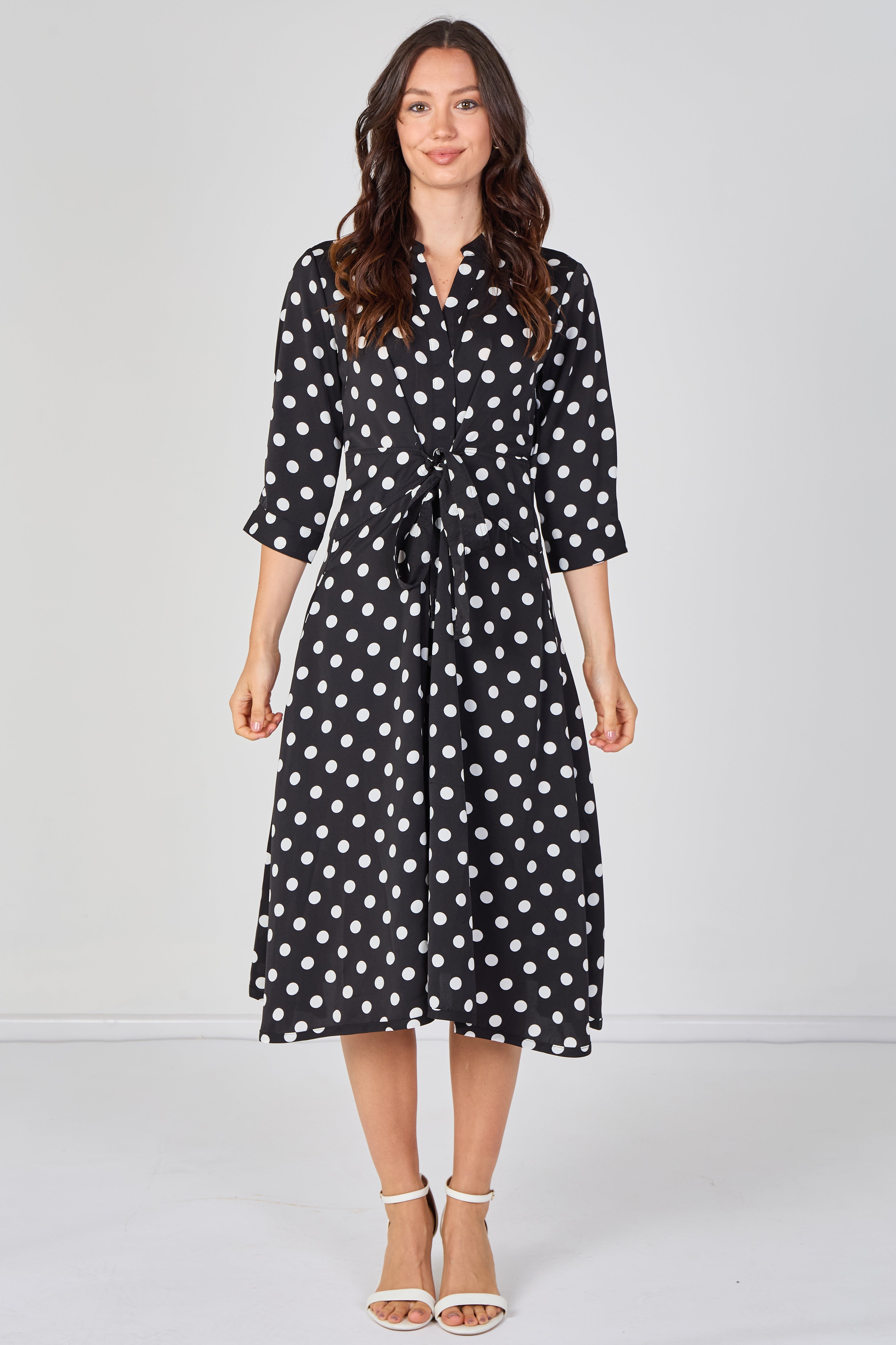 8Pcs Black Polka Dot Quarter Sleeve Tie Waist Midi Dress
